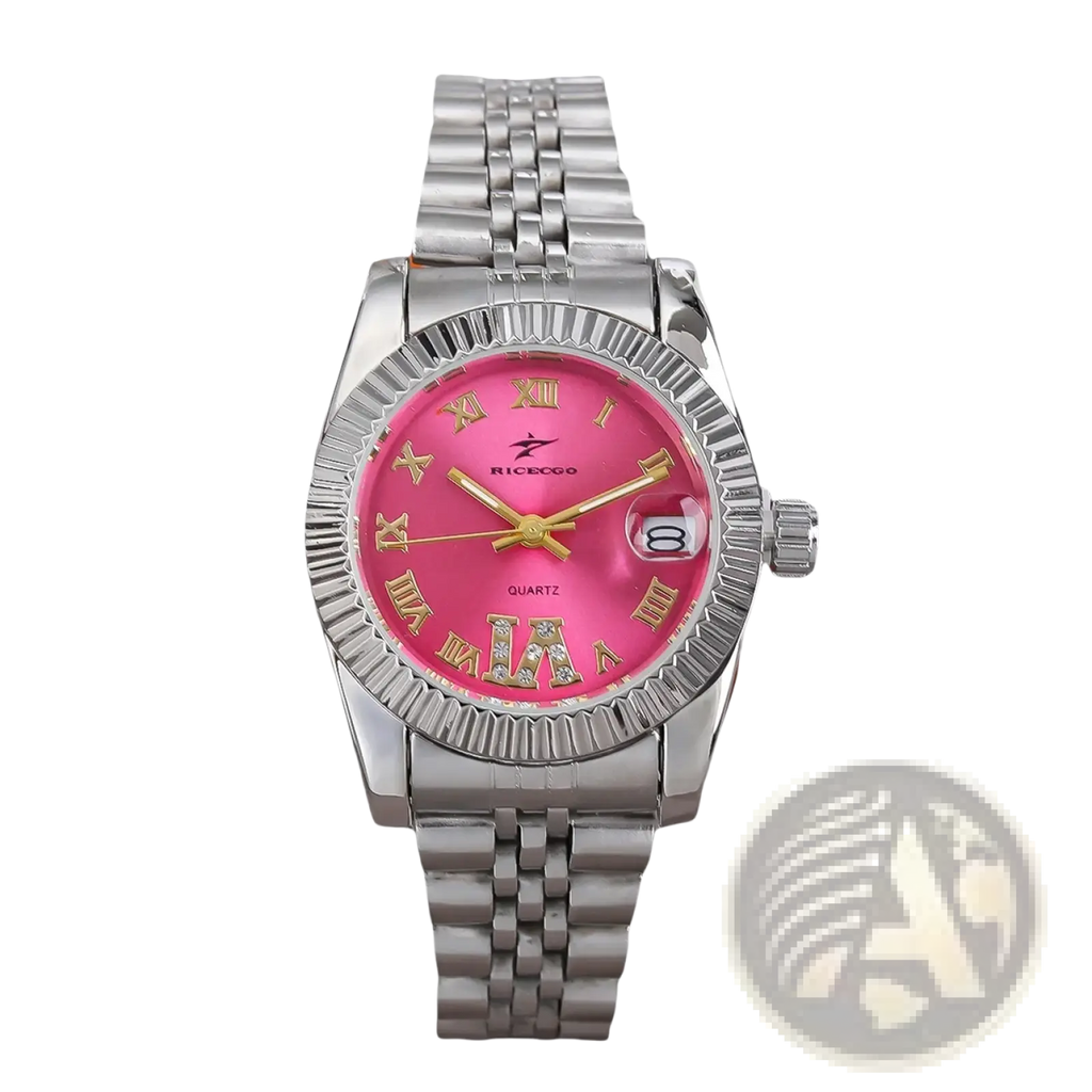A sleek silver-tone stainless steel luxury quartz watch with a vibrant pink dial gold roman numerals and fluted bezel