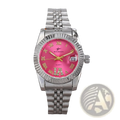 A sleek silver-tone stainless steel luxury quartz watch with a vibrant pink dial gold roman numerals and fluted bezel