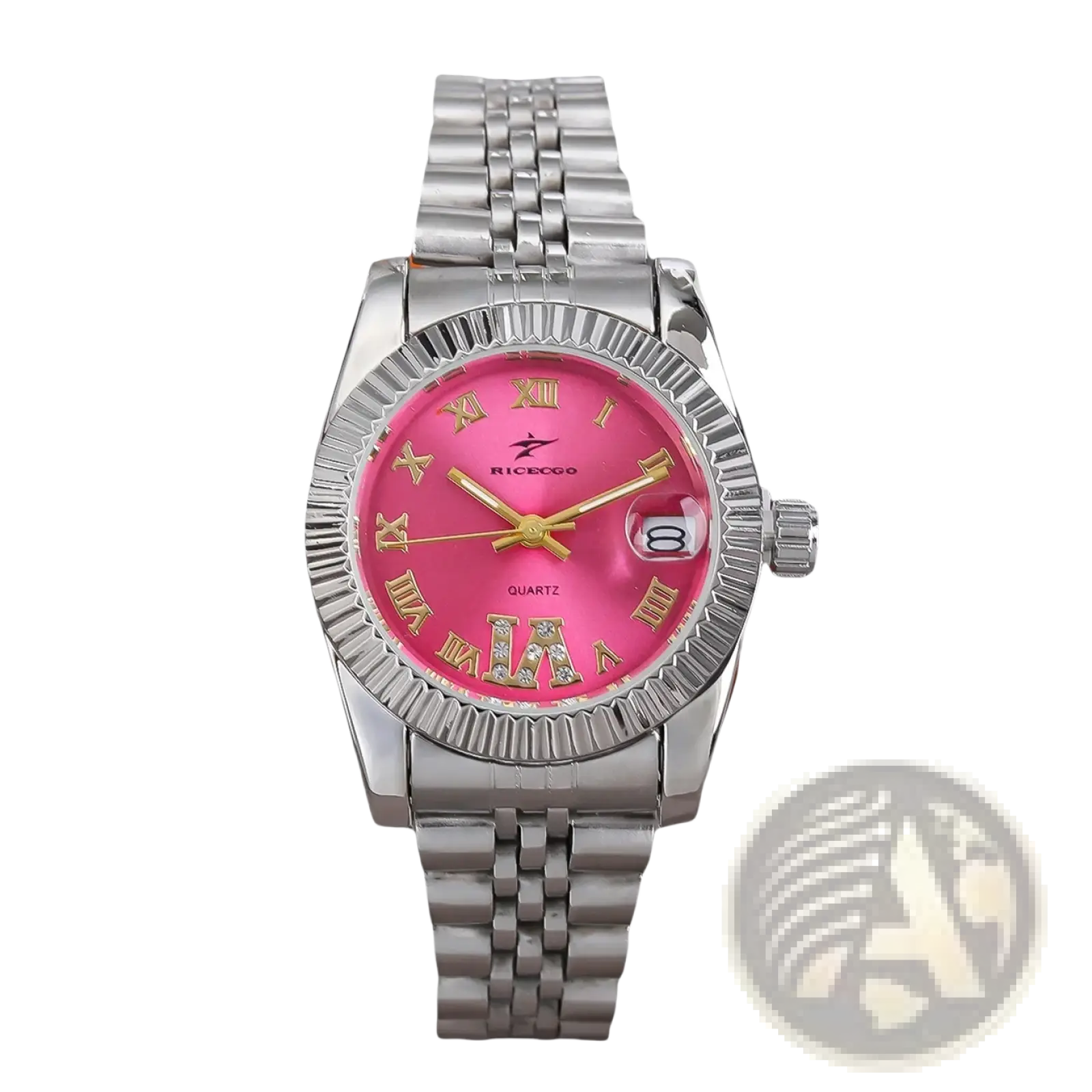 A sleek silver-tone stainless steel luxury quartz watch with a vibrant pink dial gold roman numerals and fluted bezel
