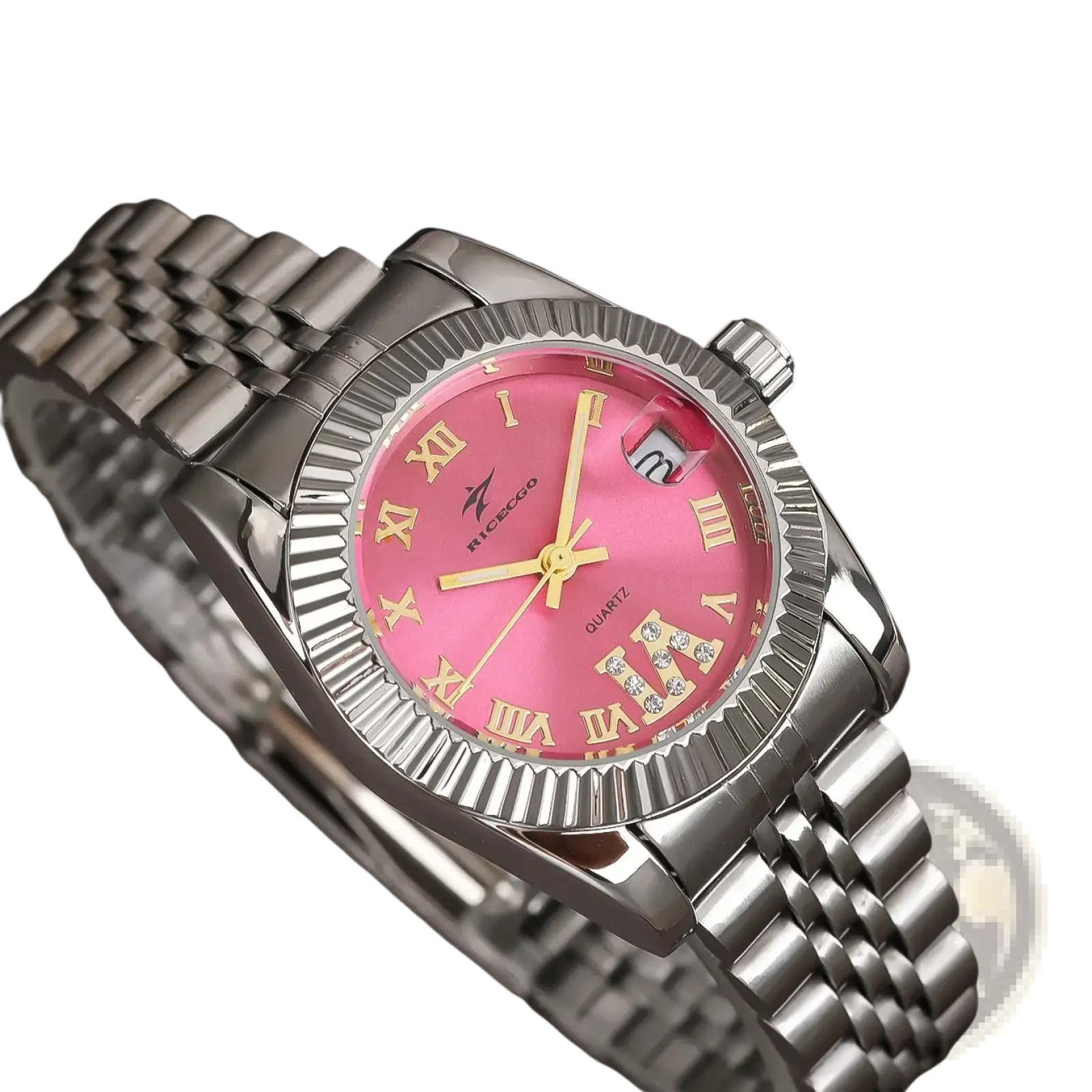 A pink dial stainless steel luxury quartz watch with a silver case gold roman numerals and diamond hour markers