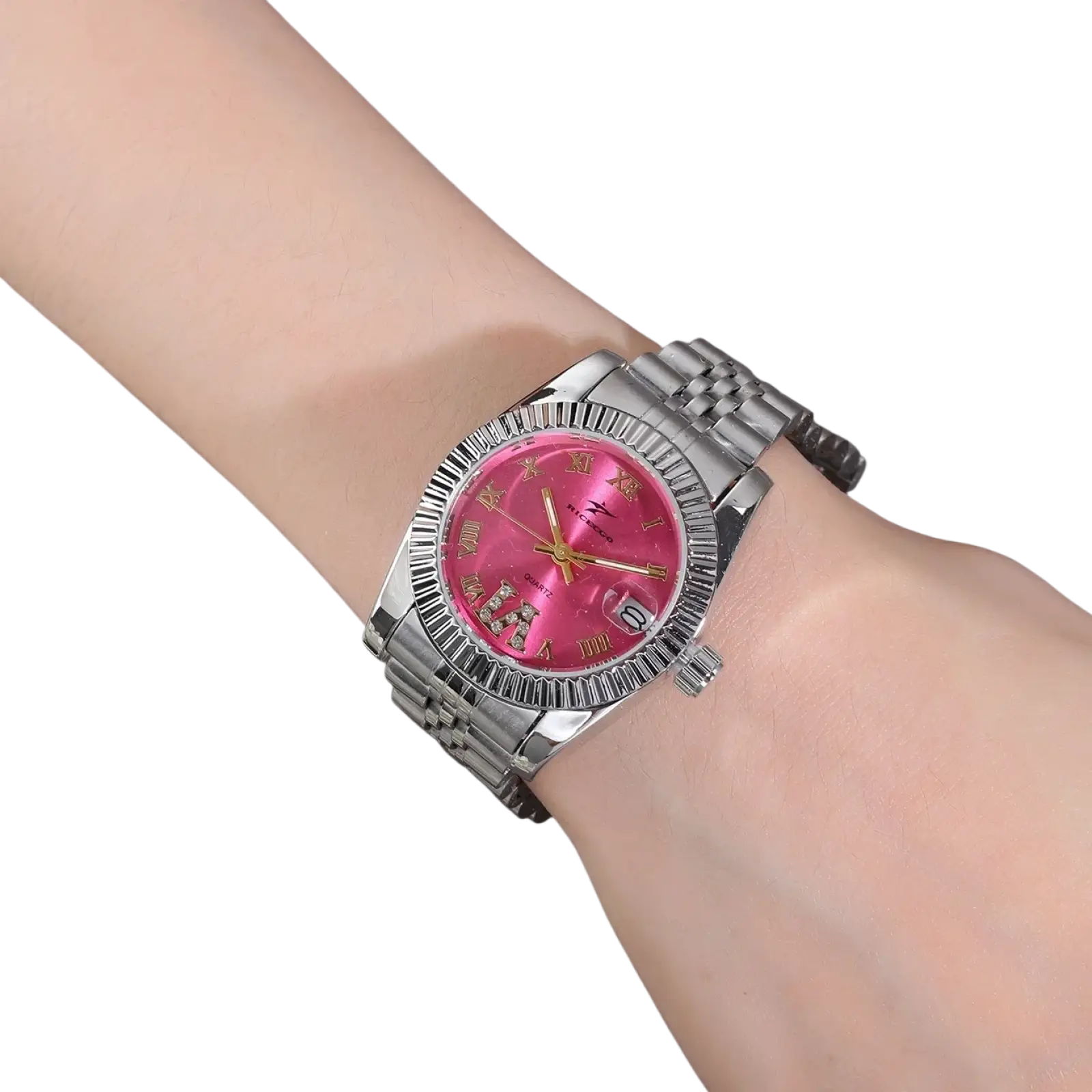 A sleek silver-toned stainless steel luxury quartz watch with a vibrant pink dial and gold-tone hands