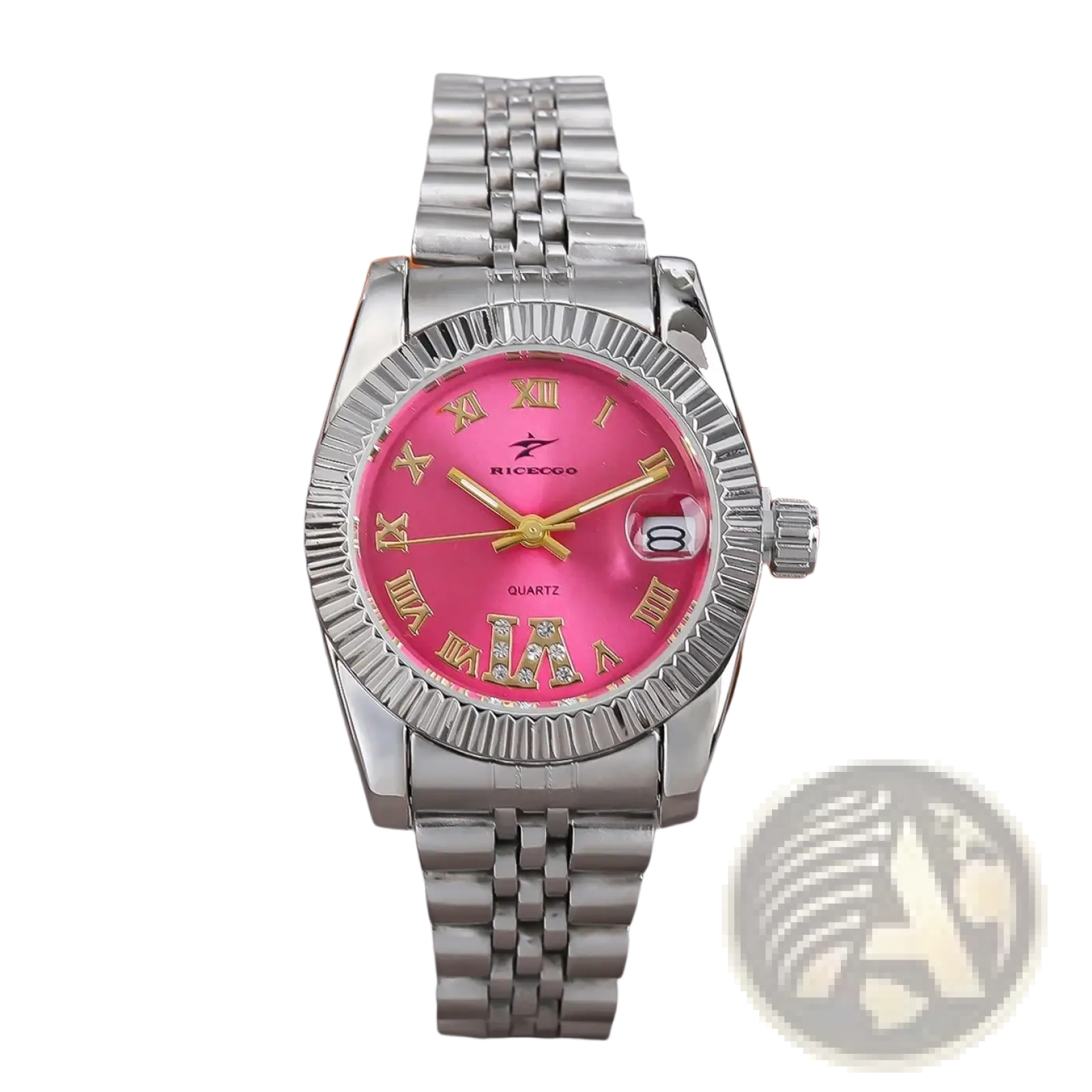 Pink dial stainless steel luxury quartz watch with gold roman numerals and diamond encrusted la logo in silver case