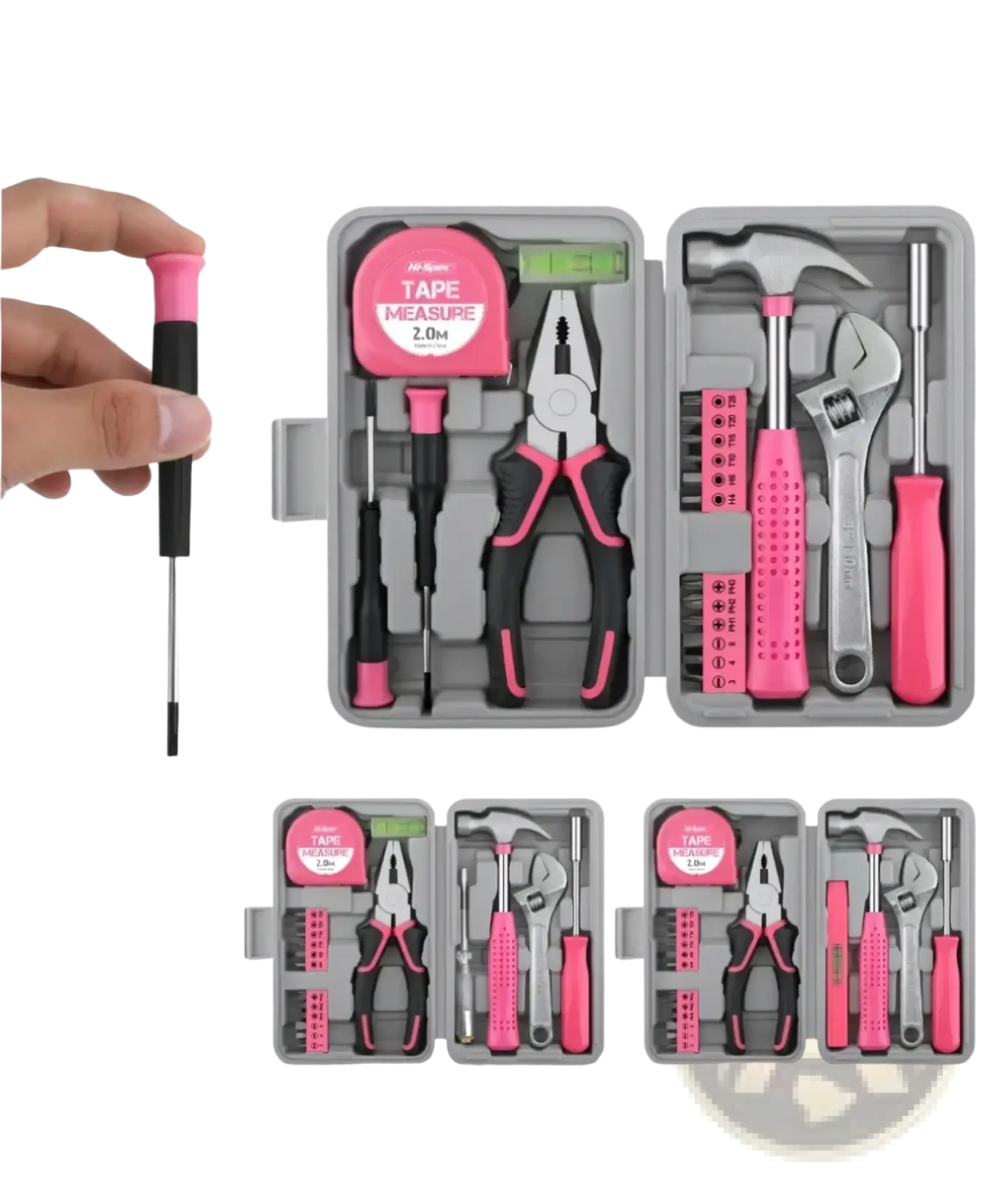 Pink diy tool kit with pink and black hand tools including tape measure pliers hammer wrenches and screwdrivers in gray case