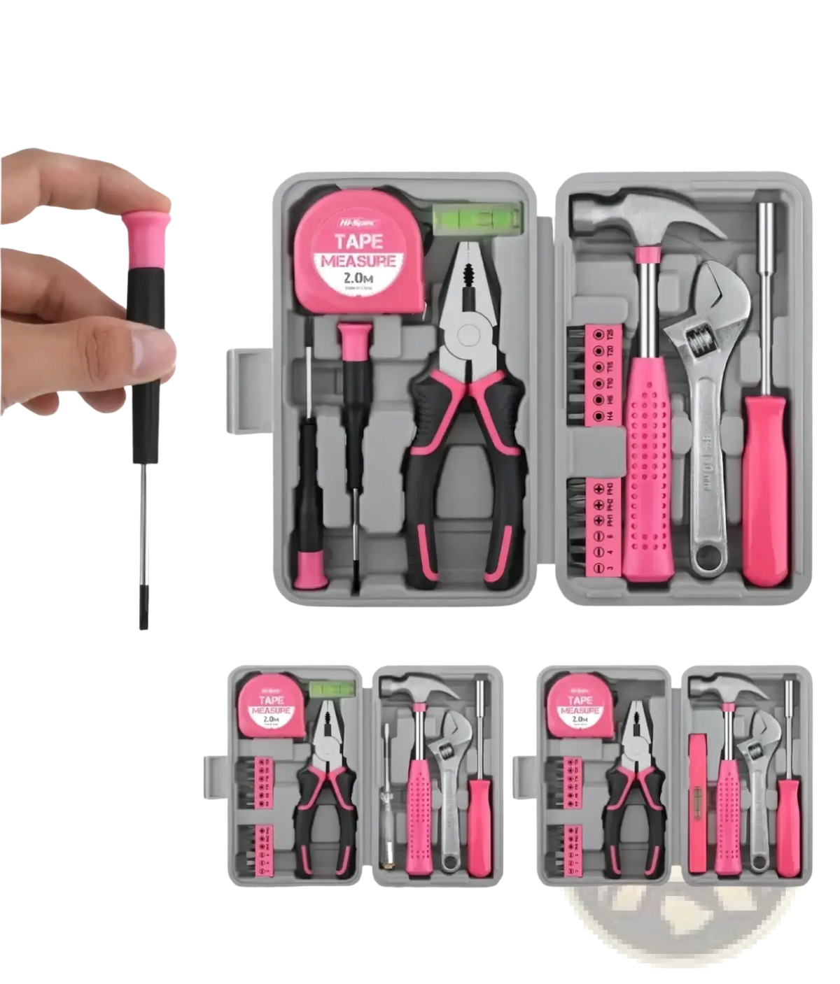 Pink diy tool kit with pink and black hand tools including tape measure pliers hammer wrenches and screwdrivers in gray case