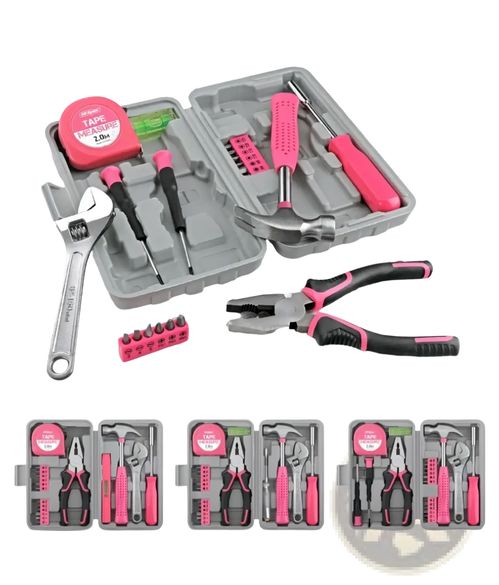 Pink diy tool kit home maintenance hand tools set with pink and black handles in gray plastic case