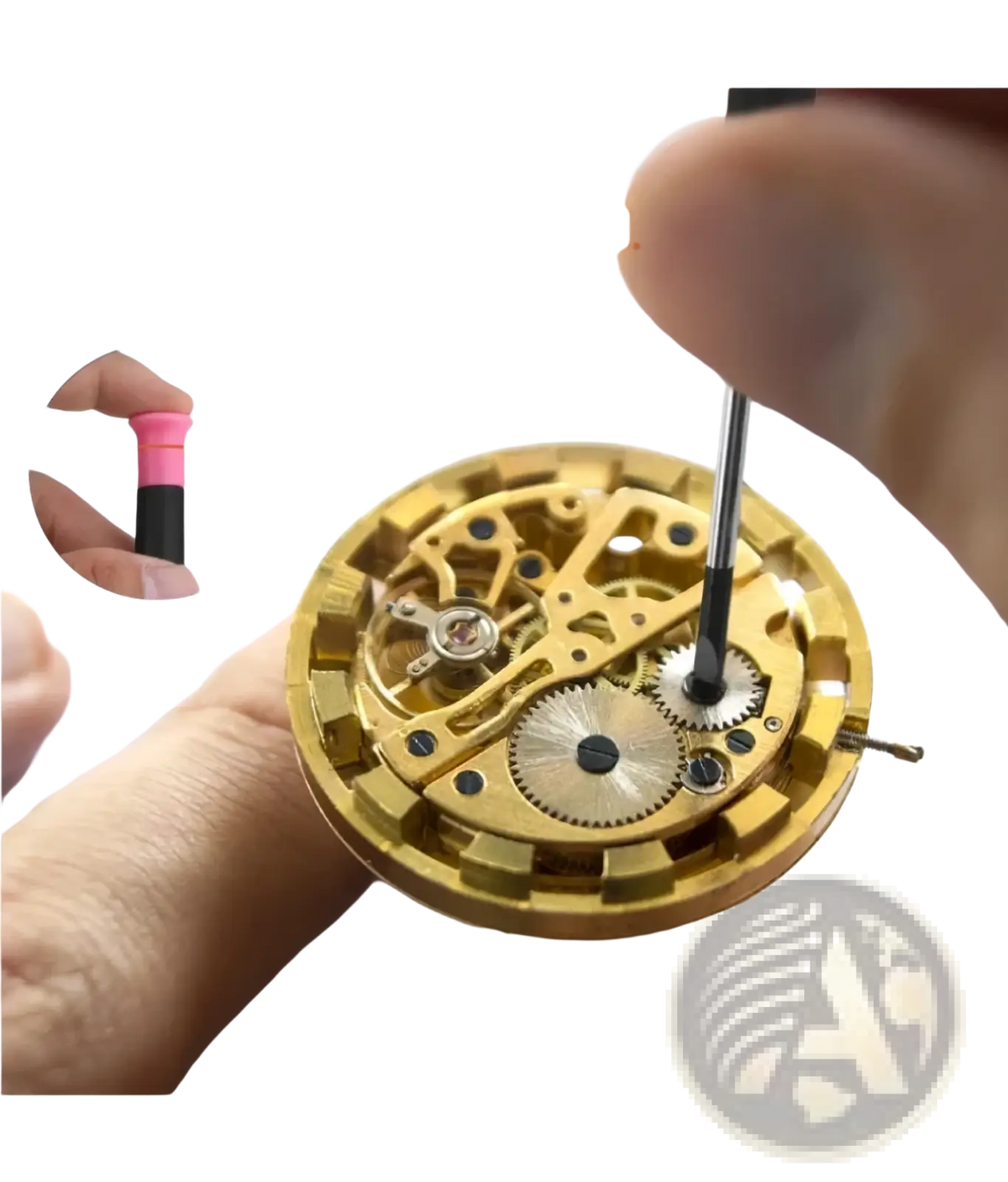 Gold-toned mechanical watch movement with visible gears adjusted by hand using a screwdriver from pink diy tool kit