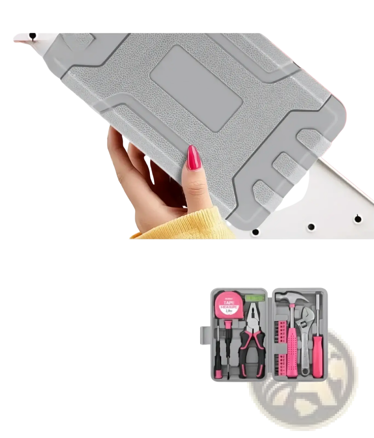 Gray rugged case with pink-handled diy home maintenance tools designed for compact and portable storage