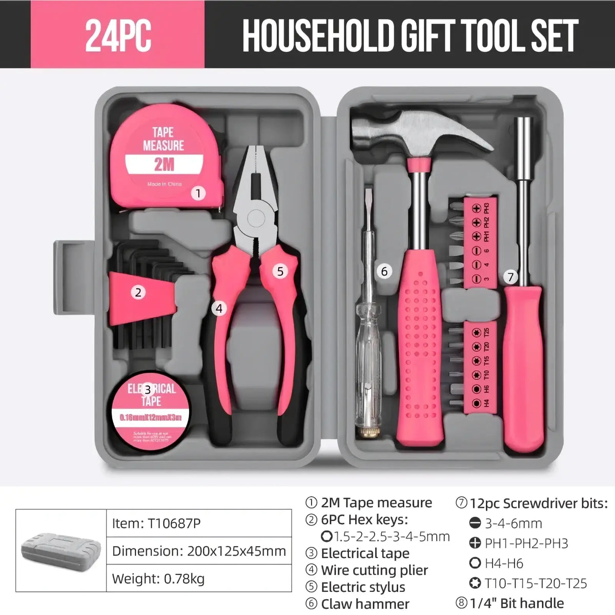 Pink diy tool kit pliers with pink and black handles and metallic jaws from a 24-piece home maintenance set