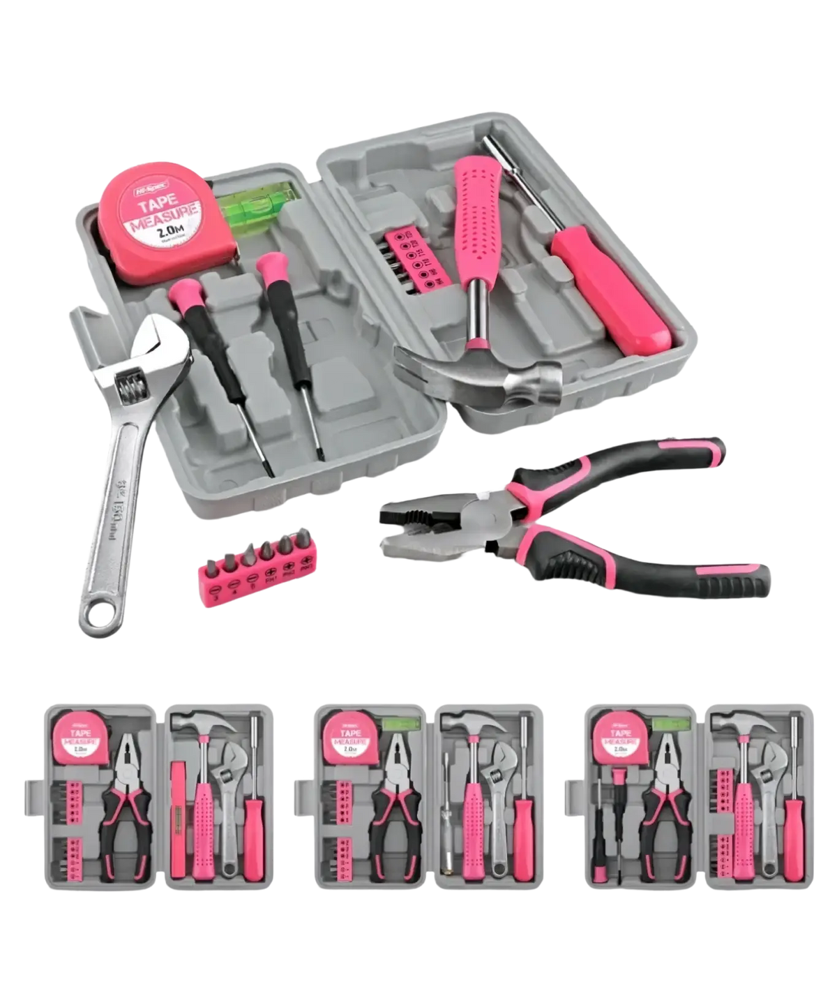 Pink diy tool kit home maintenance hand tools set with pink and black handles in gray plastic case