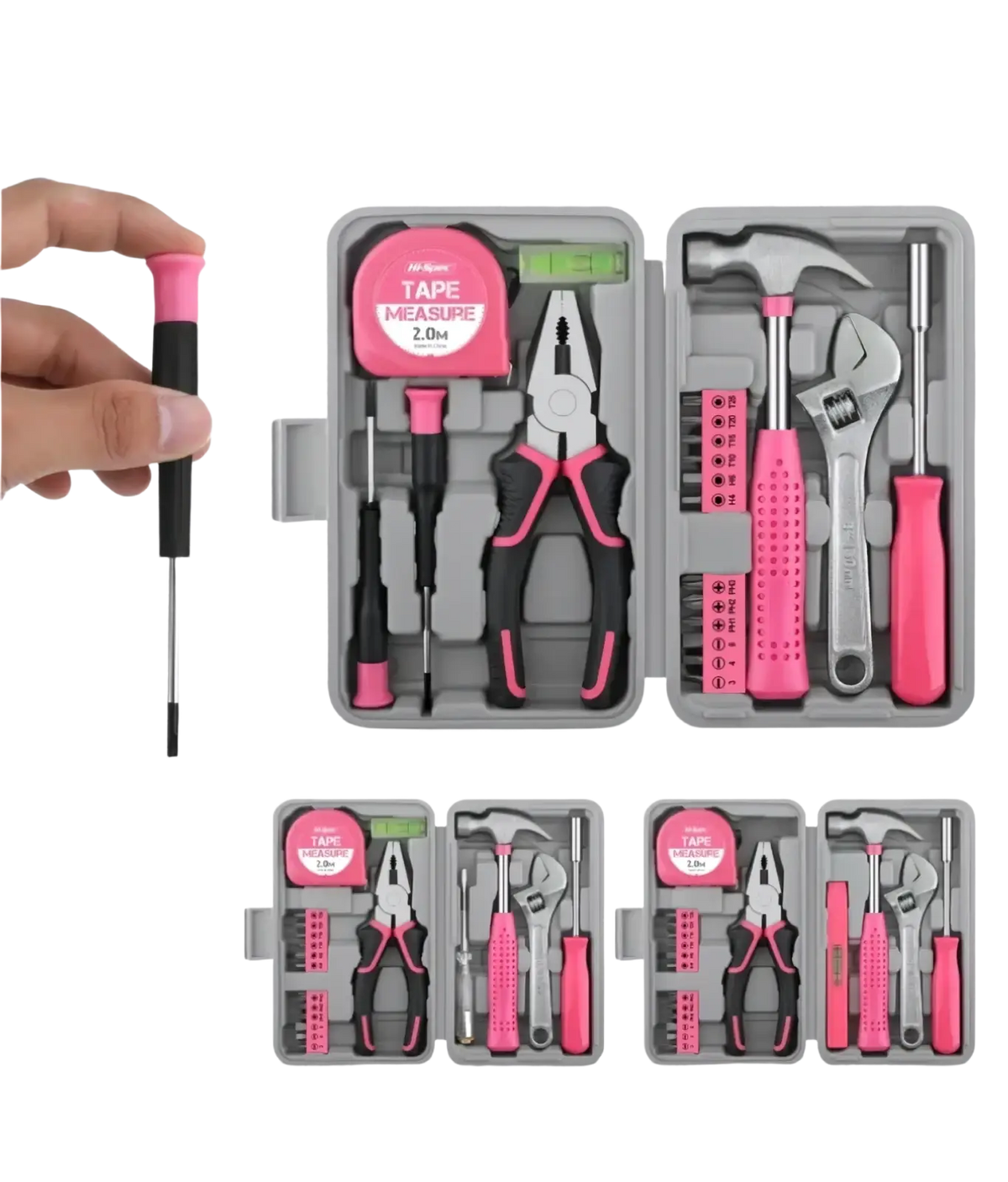 Pink diy tool kit with pink and black hand tools including tape measure pliers hammer wrenches and screwdrivers in gray case