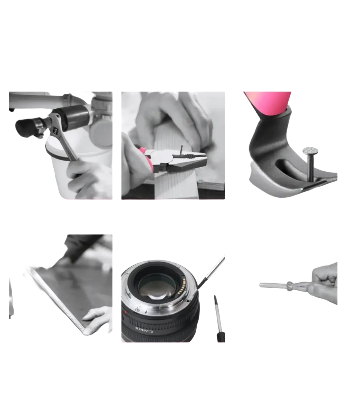 Pink diy tool kit featuring adjustable wrench wire cutting pliers billy club tape rule precision screwdriver and stylus