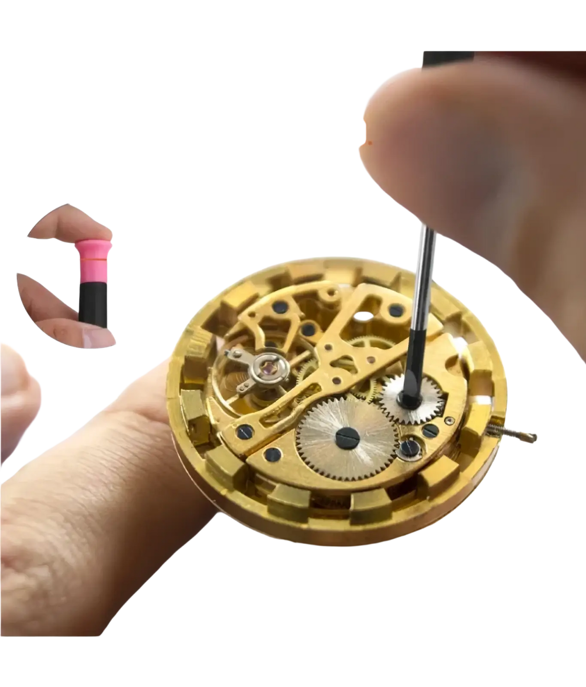 Gold-toned mechanical watch movement with visible gears adjusted by hand using a screwdriver from pink diy tool kit