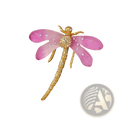 A delicate pink dragonfly crystal brooch pin with gold toned wings and sparkling rhinestones on its body