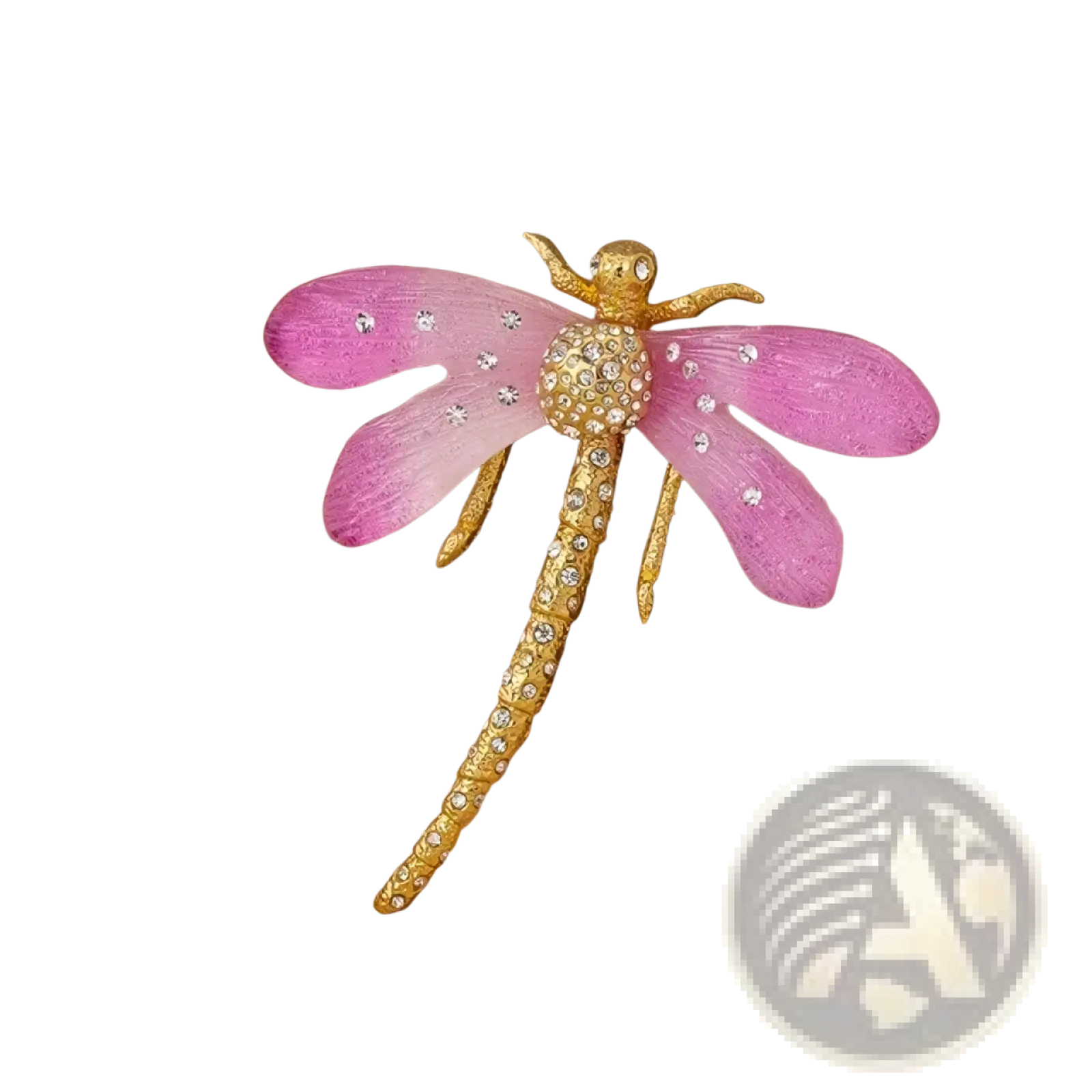 A delicate pink dragonfly crystal brooch pin with gold toned wings and sparkling rhinestones on its body