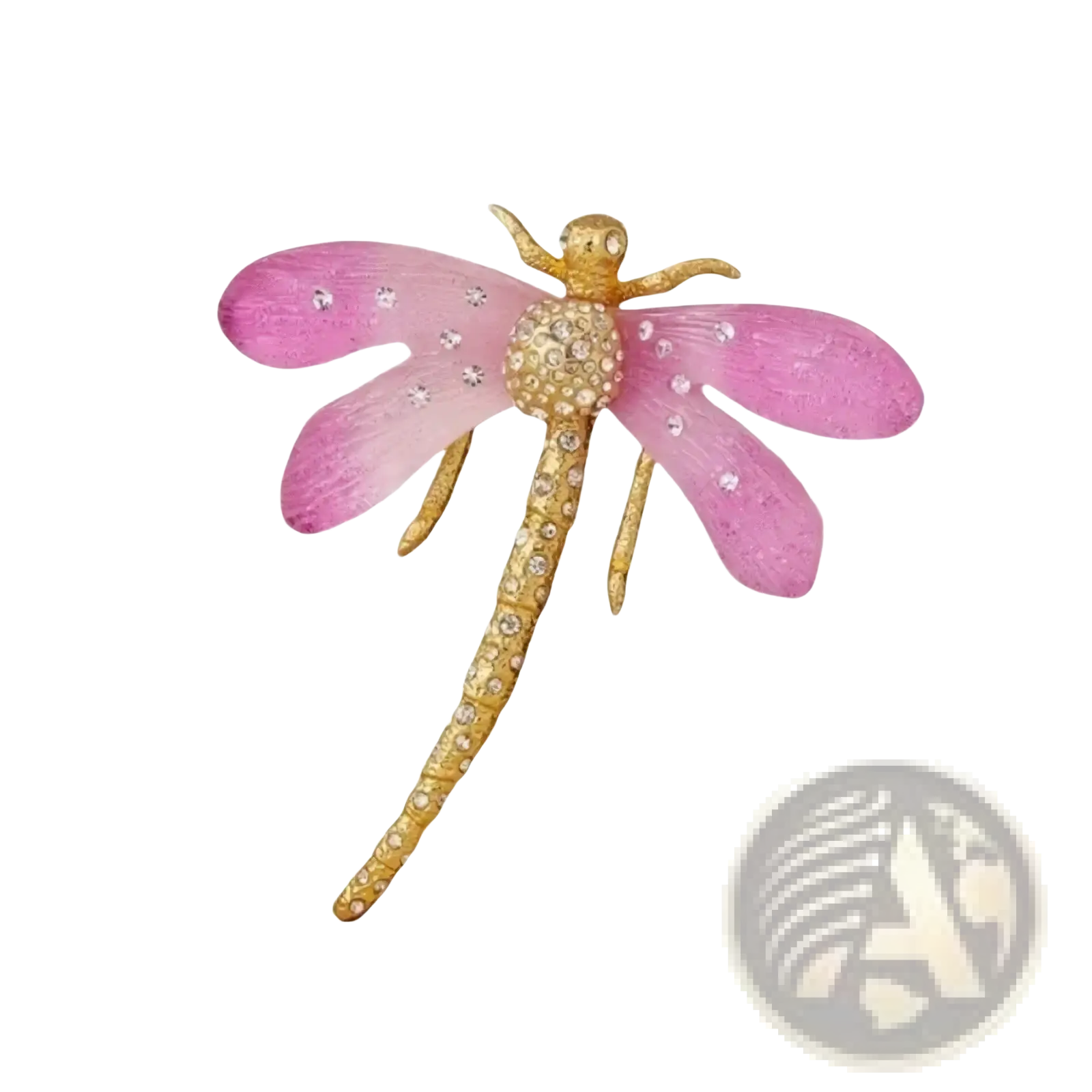 A delicate pink dragonfly crystal brooch pin with gold-toned wings and body adorned with sparkling diamonds