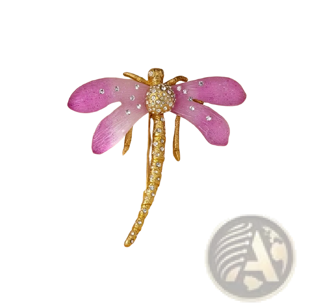 A delicate pink dragonfly crystal brooch pin with gold-tone metal and sparkling rhinestones on wings and body