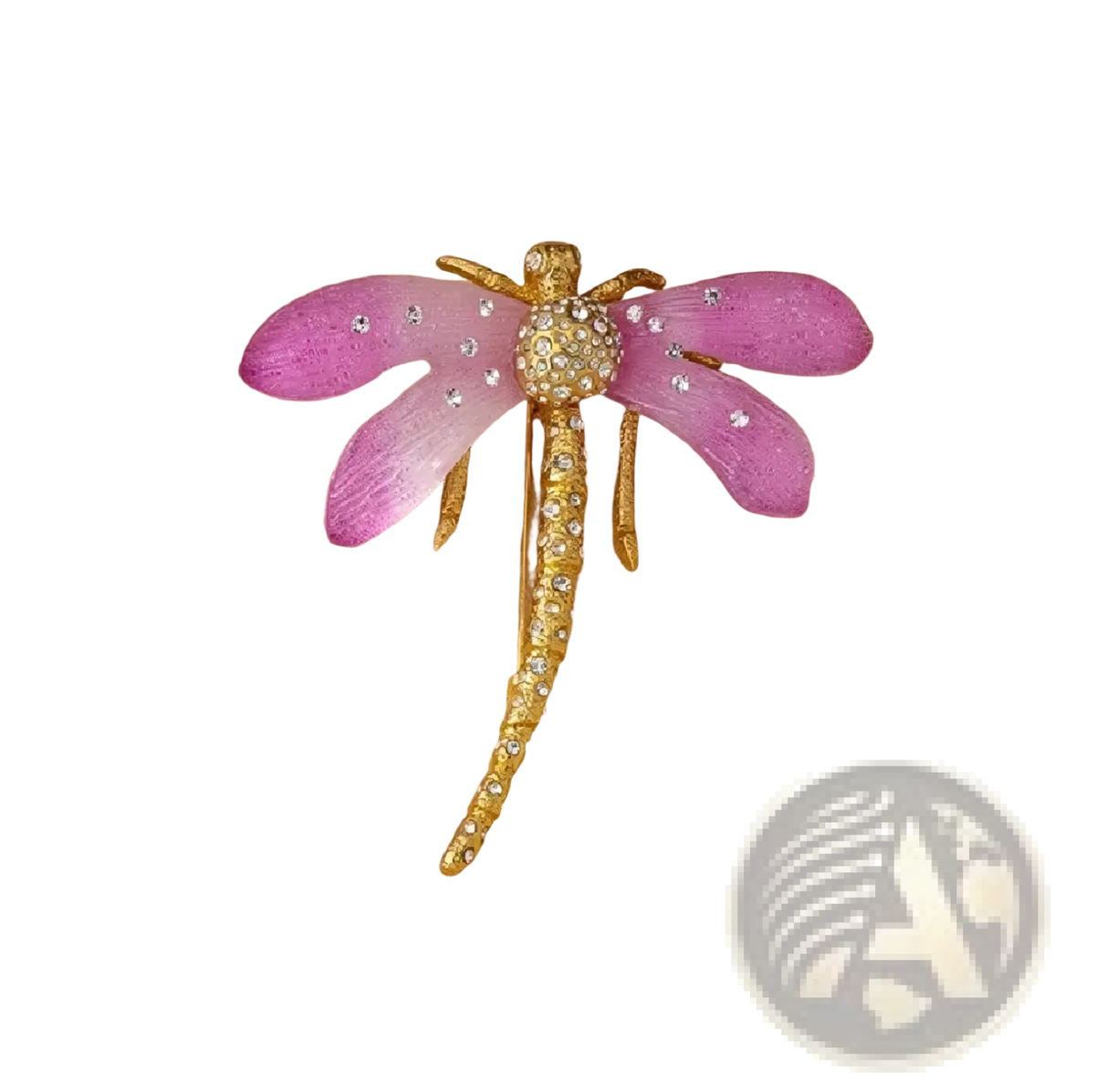 A delicate pink dragonfly crystal brooch pin with gold-tone metal and sparkling rhinestones on wings and body