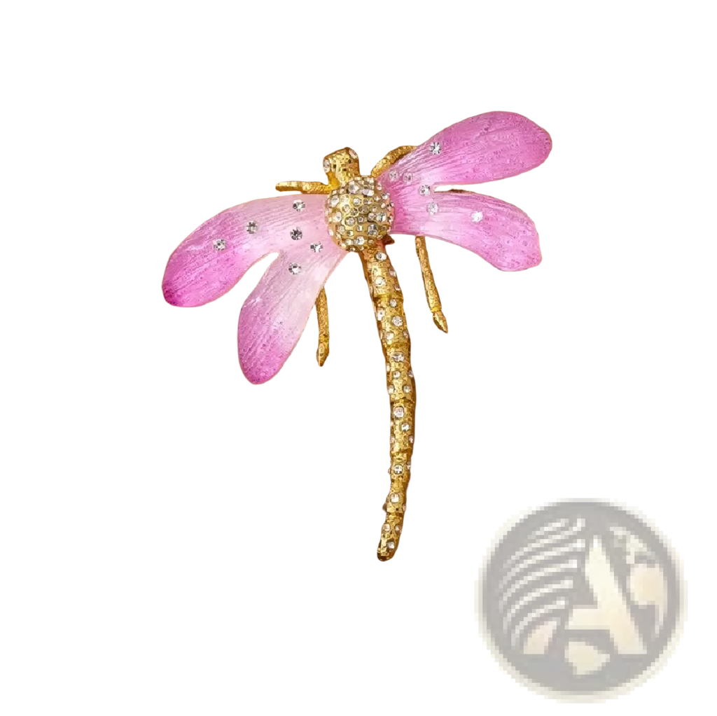 Pink dragonfly crystal brooch pin featuring delicate pink wings with gold-toned accents and sparkling rhinestones