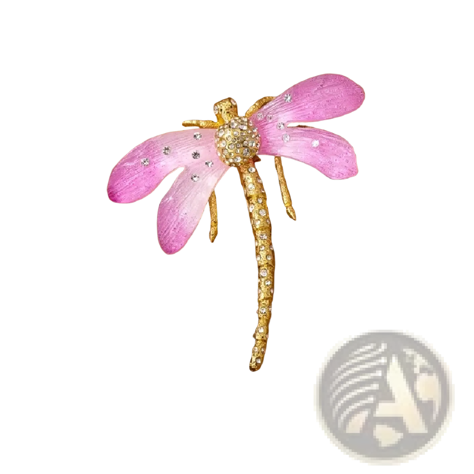 Pink dragonfly crystal brooch pin featuring delicate pink wings with gold-toned accents and sparkling rhinestones
