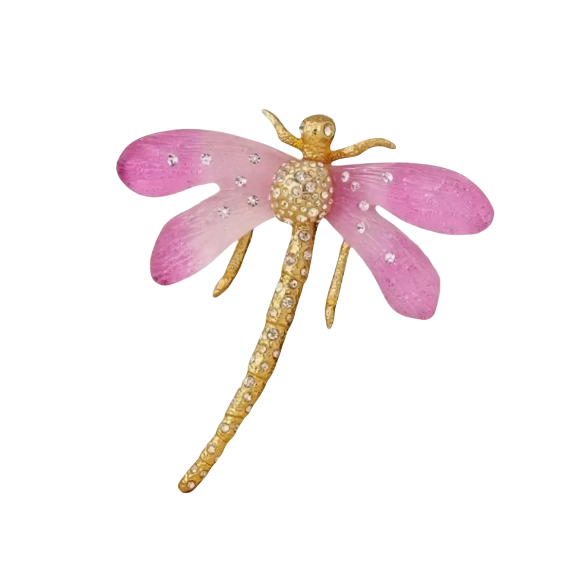 A delicate pink dragonfly crystal brooch pin with gold-toned wings and body adorned with sparkling diamonds