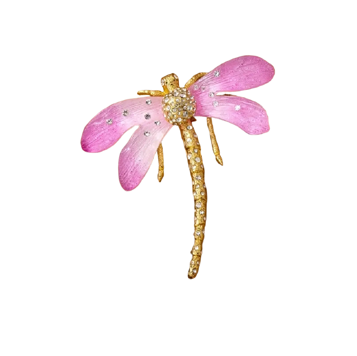 Pink dragonfly crystal brooch pin featuring delicate pink wings with gold-toned accents and sparkling rhinestones