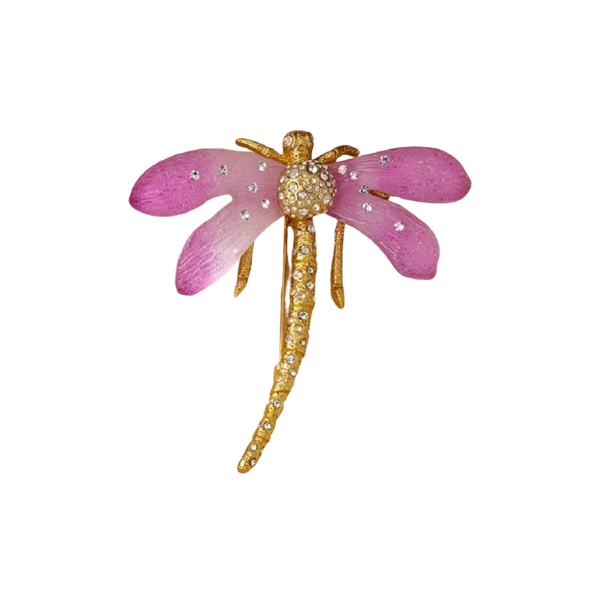 A delicate pink dragonfly crystal brooch pin with gold-tone metal and sparkling rhinestones on wings and body