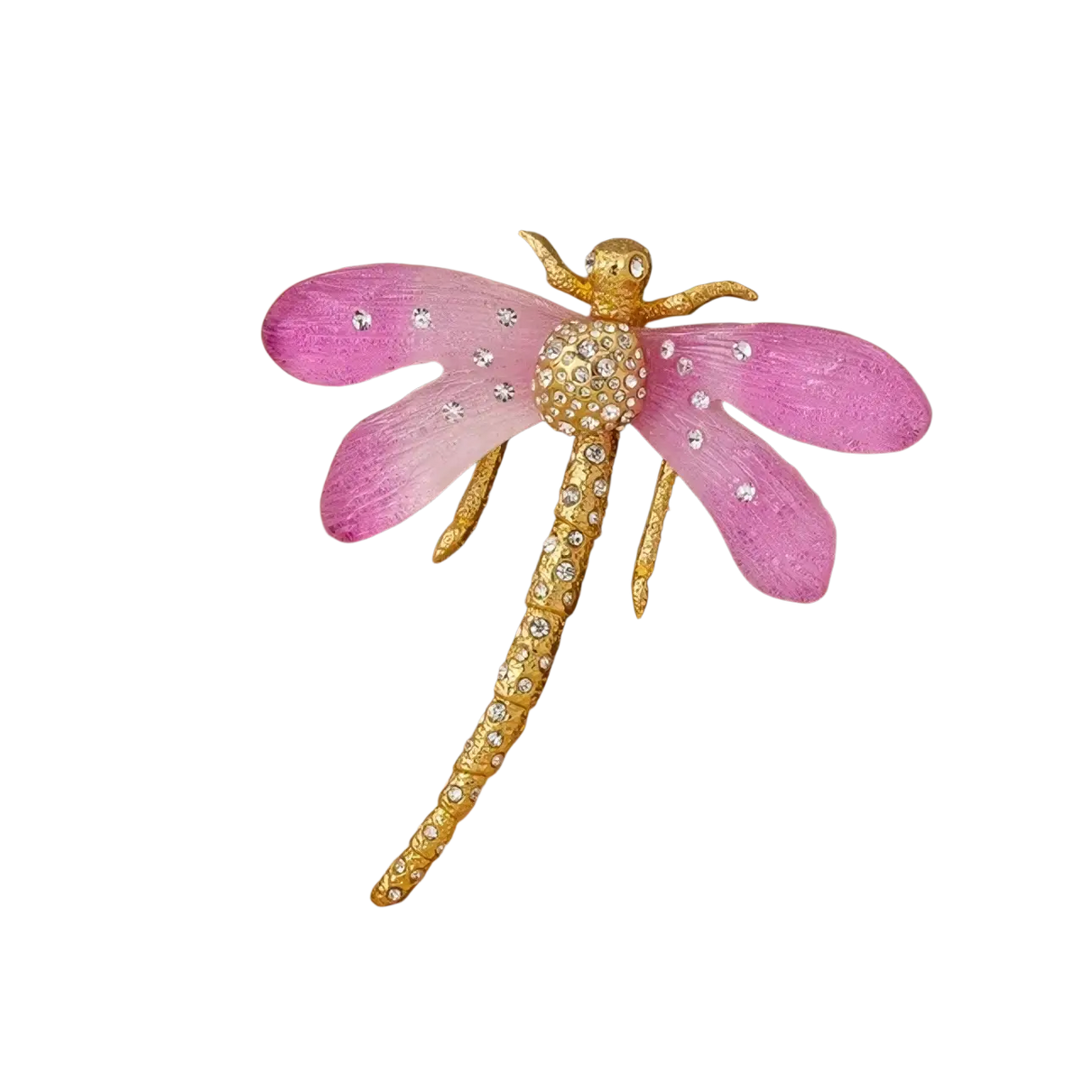 A delicate pink dragonfly crystal brooch pin with gold toned wings and sparkling rhinestones on its body