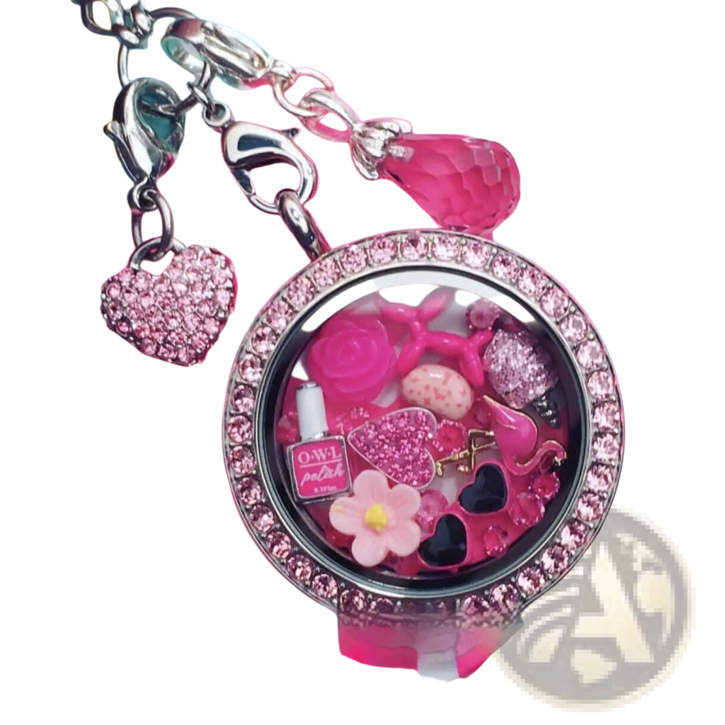Pink enamel love potion and nail polish floating locket charm with pink rhinestones and miniature glitter accessories