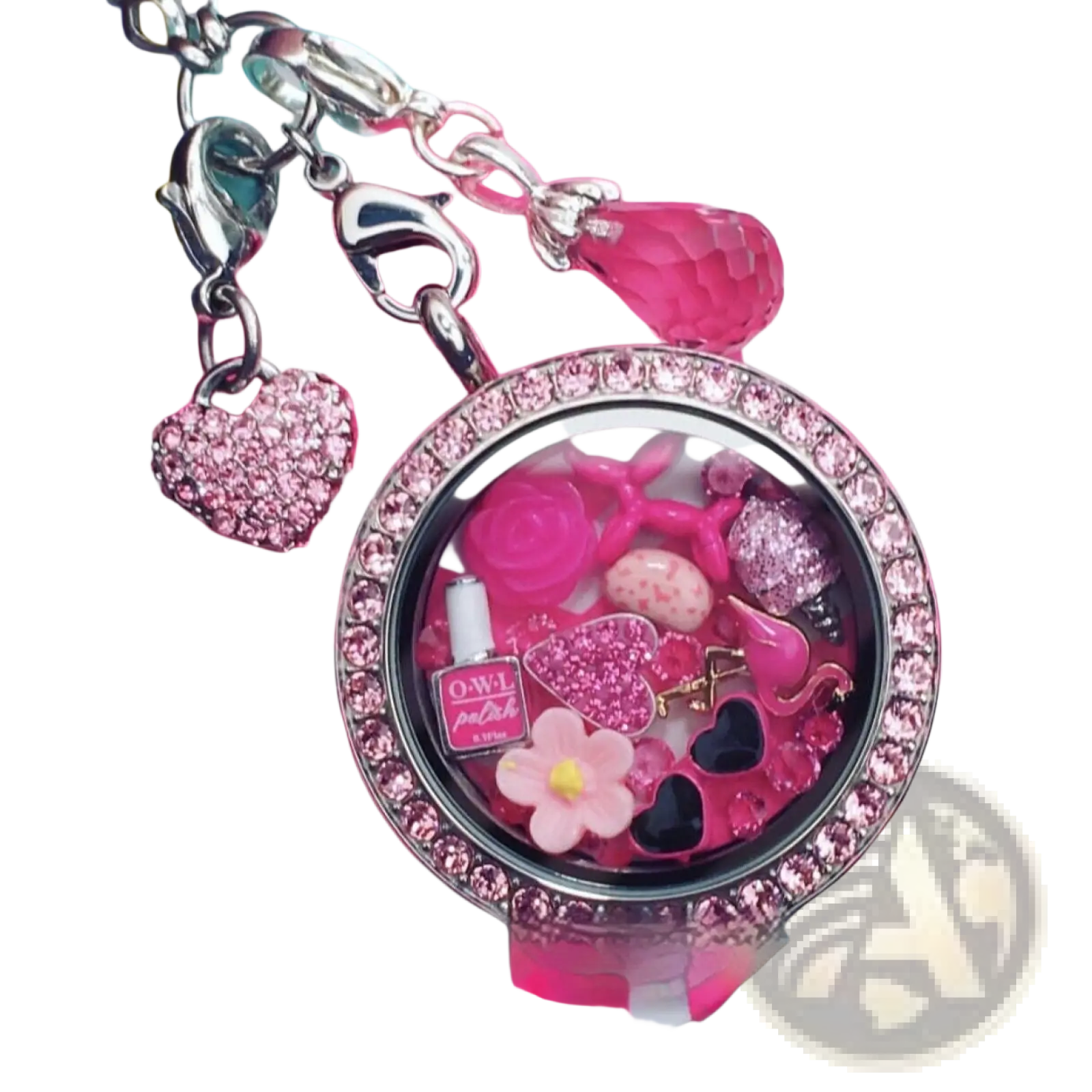Pink enamel love potion and nail polish floating locket charm with pink rhinestones and miniature glitter accessories