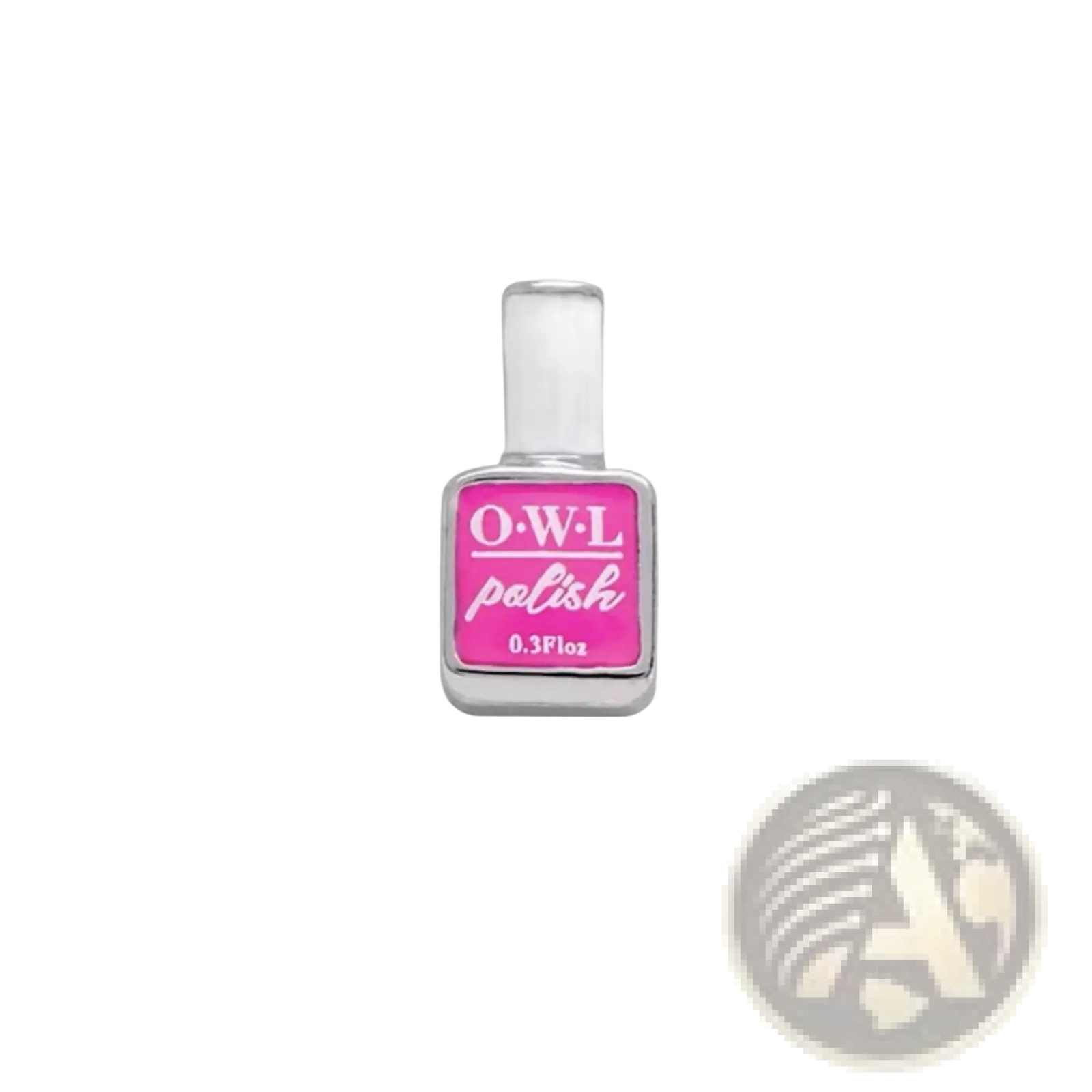 A small silver-tone nail polish charm with a vibrant pink owl polish label for floating lockets