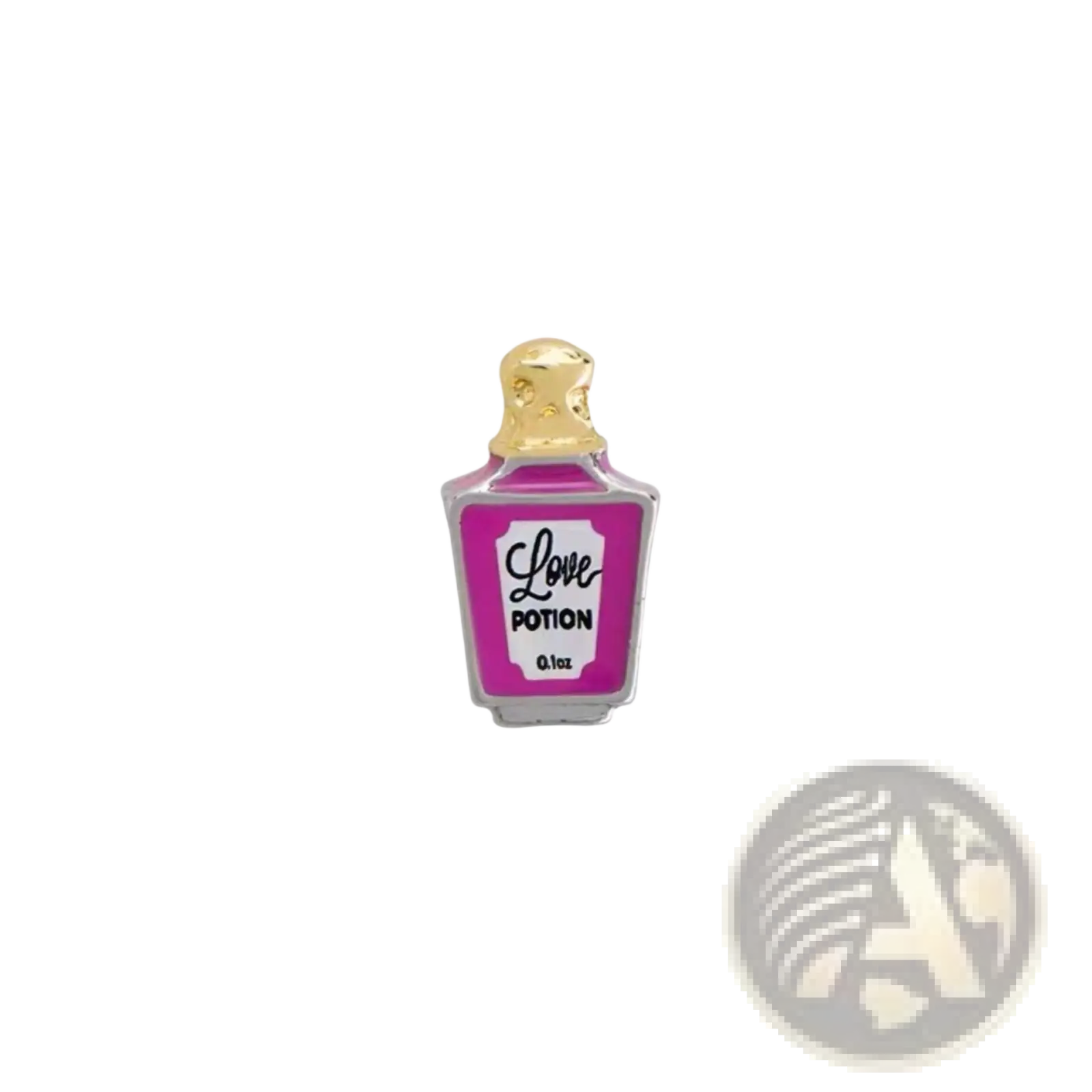 A shiny pink enamel love potion bottle charm with gold cap and silver edges for floating lockets