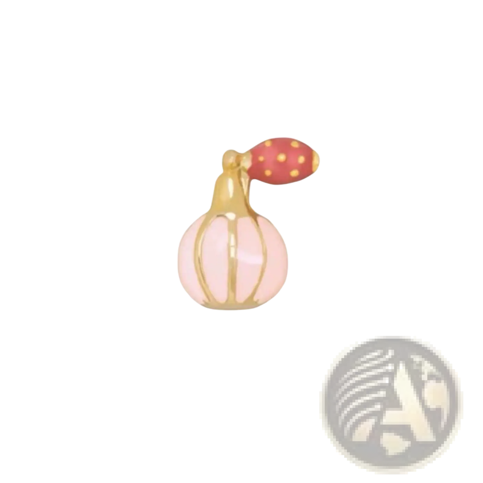 Pink enamel love potion perfume bottle charm with gold-tone metal accents and red polka-dotted spray nozzle