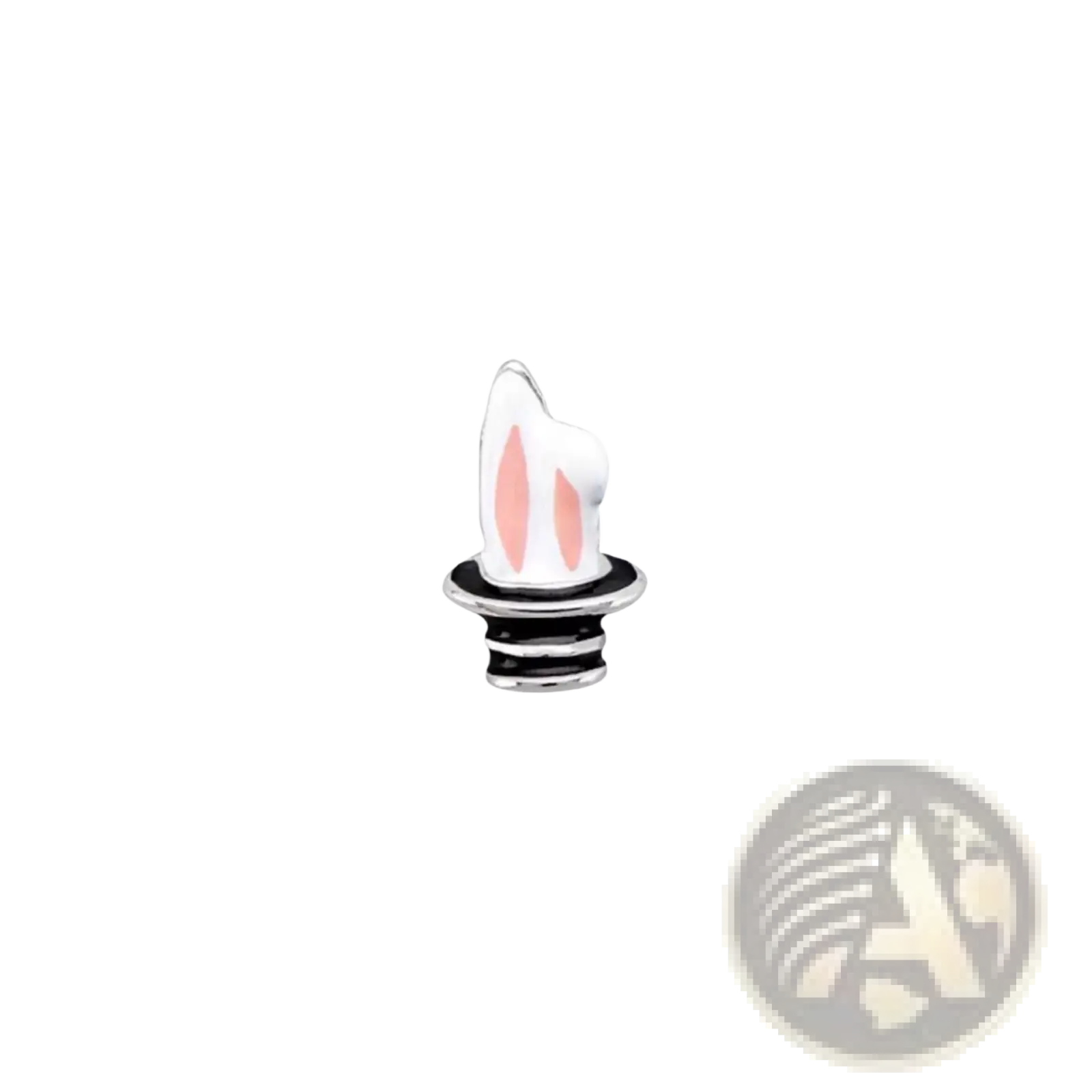 Silver-toned pink enamel love potion and nail polish floating locket charm with white bunny ear on black striped base