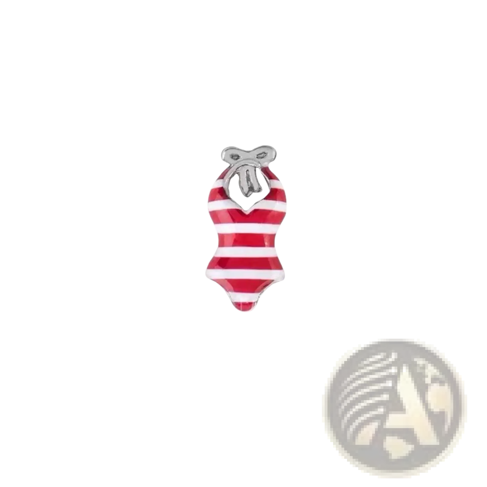 Red and white striped enamel swimsuit-shaped pin with silver metallic bow featured in pink enamel love potion locket charms