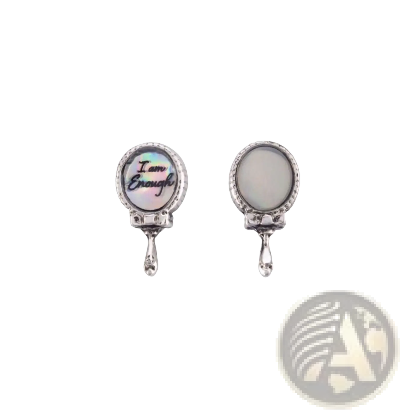 Silver-toned miniature hand mirror charm with pearl-like iridescent surface and i am enough engraving for pink enamel love potion locket charms