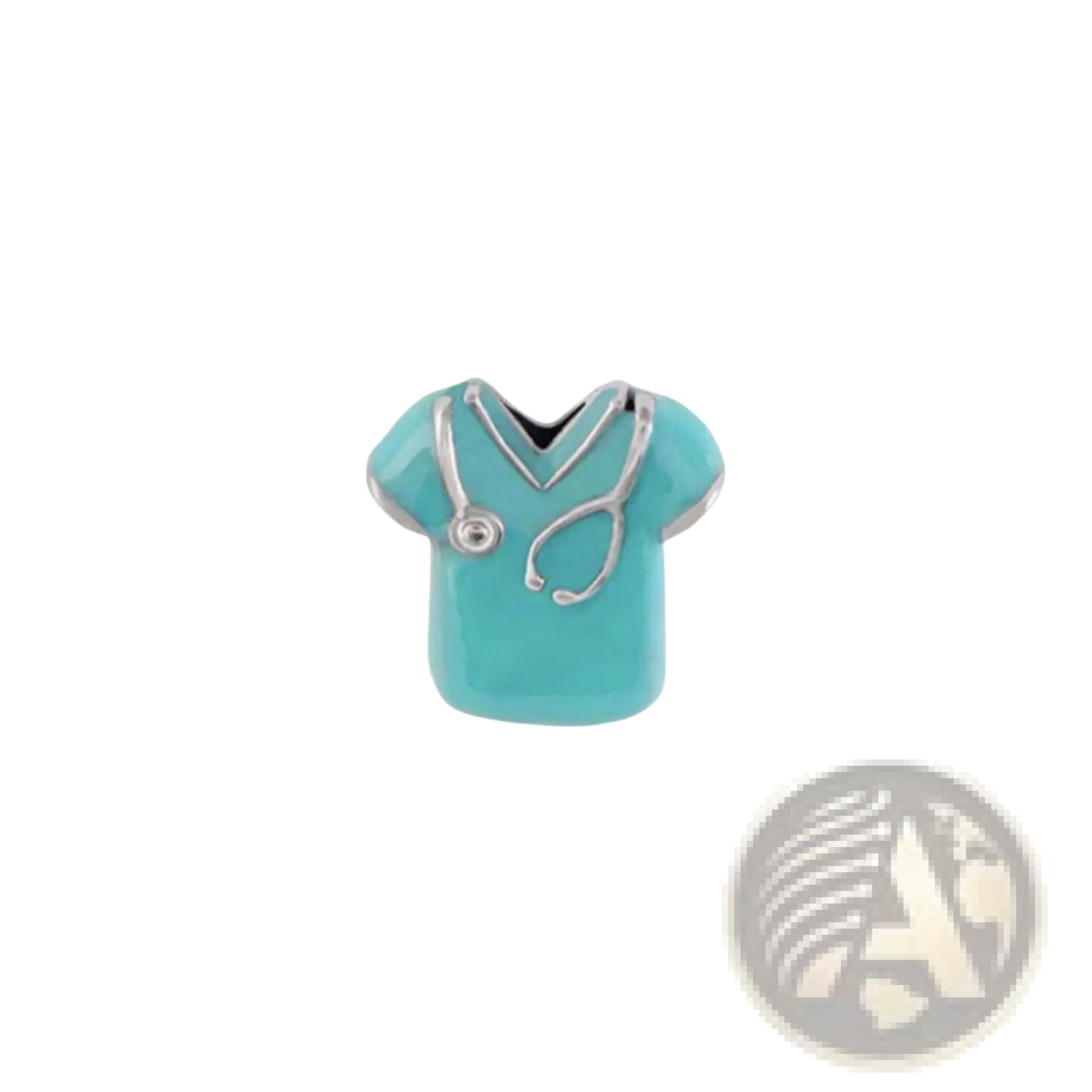 Pink enamel love potion and nail polish floating locket charms featuring turquoise enamel scrubs top with silver stethoscope detail