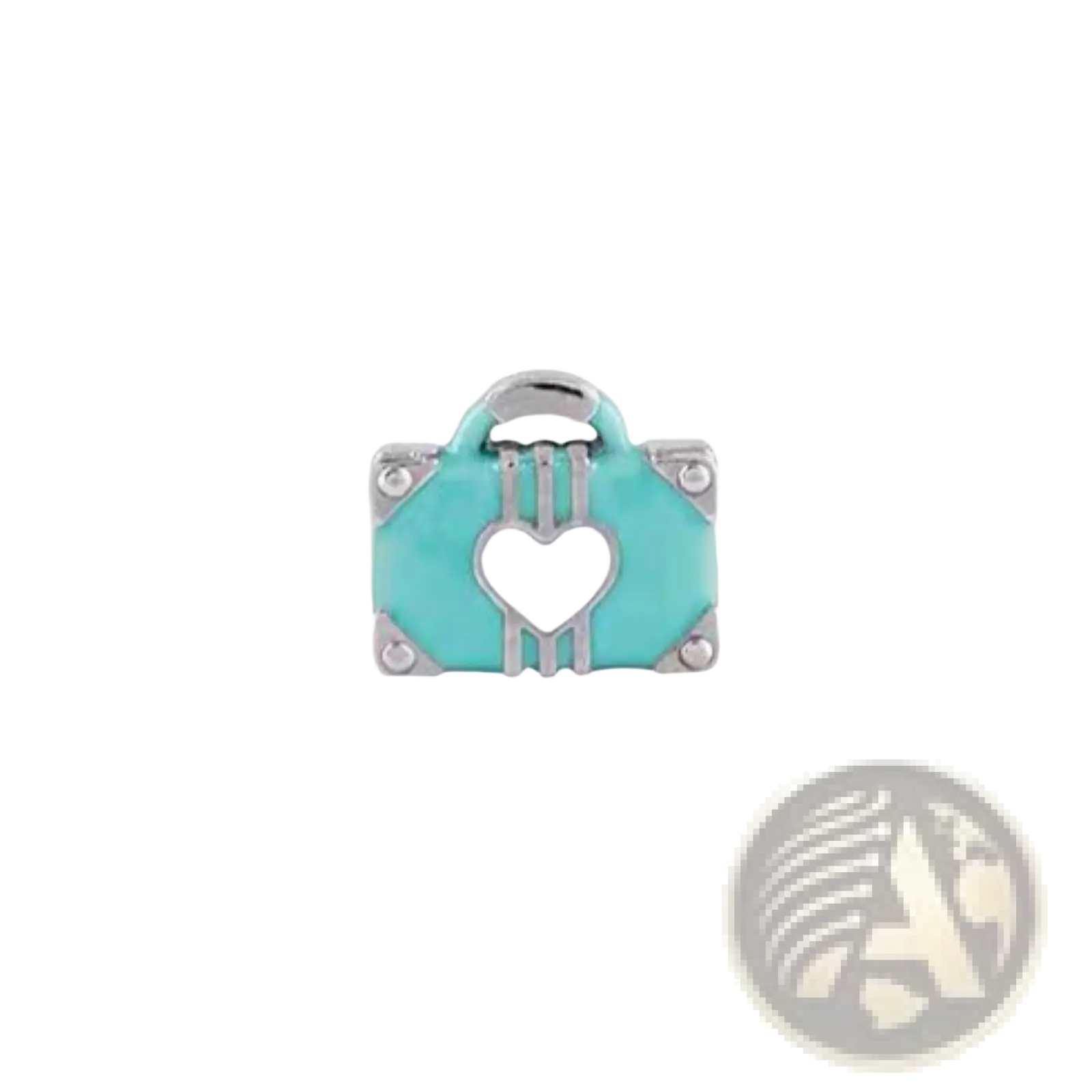 Turquoise enamel suitcase charm with silver metal accents and white heart centerpiece for pink enamel love potion locket