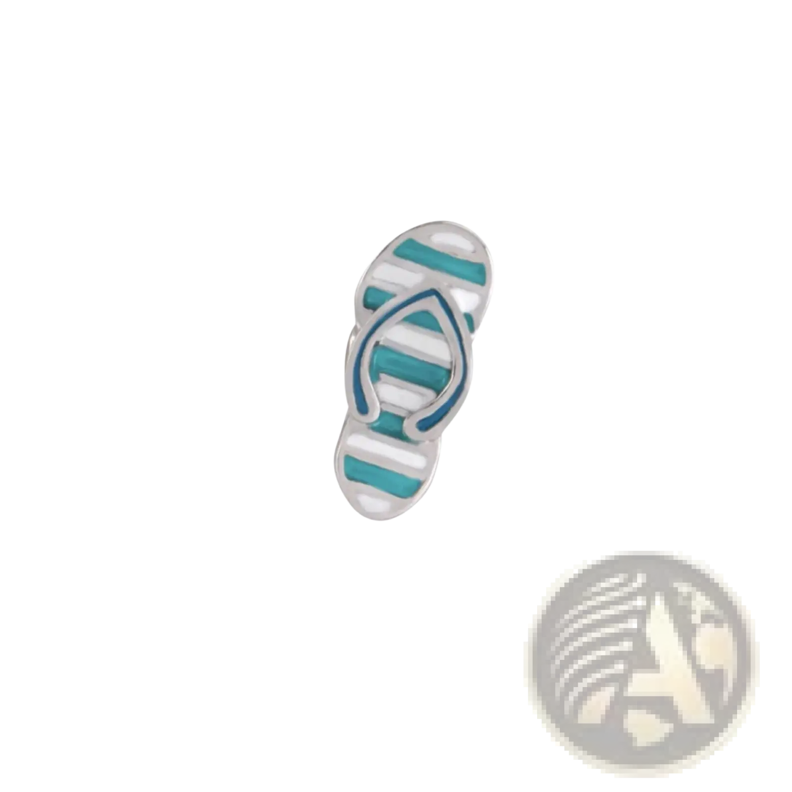 Silver-toned enamel flip-flop charm with teal and white stripes from pink enamel love potion and nail polish locket charms