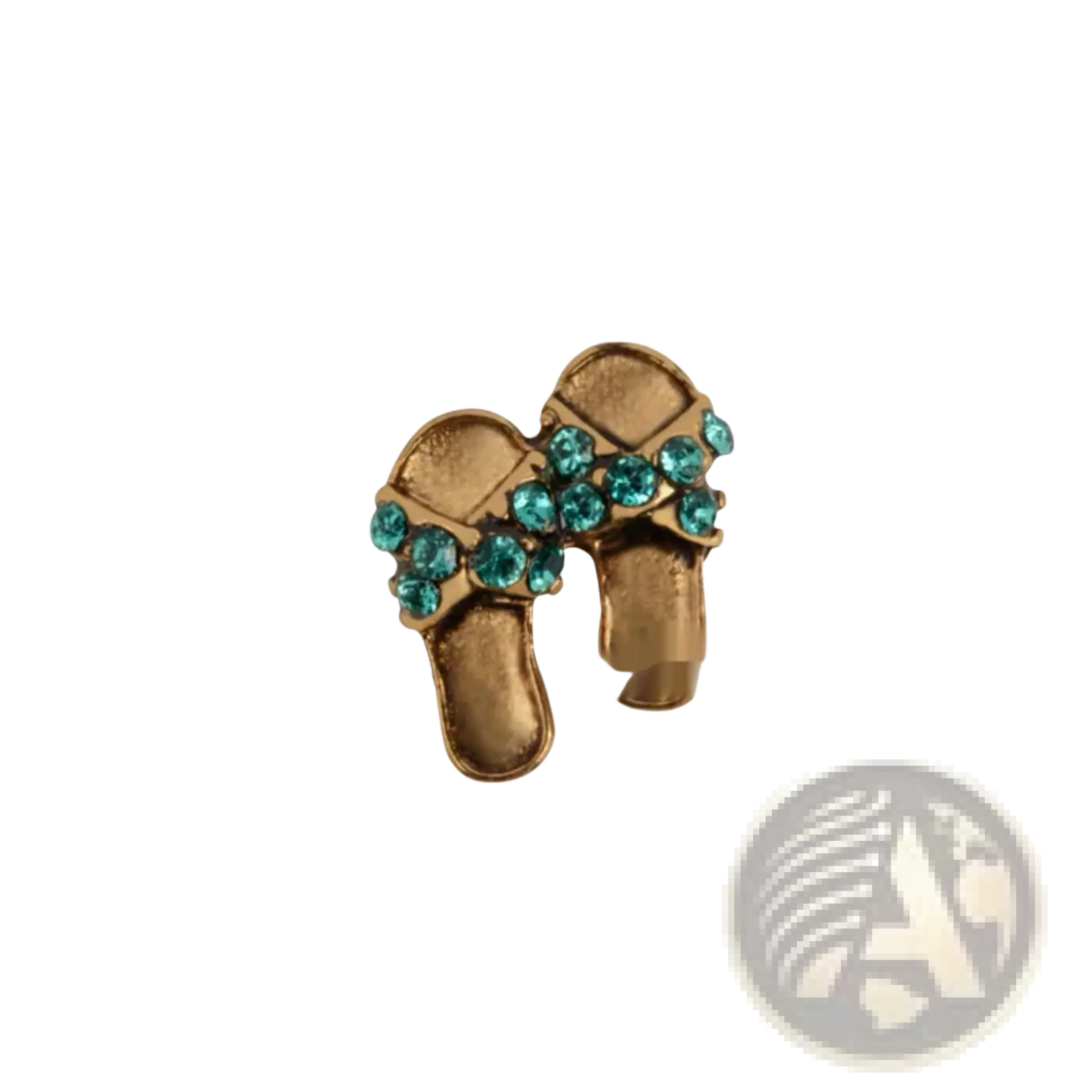 Gold-toned flip-flop shaped ring with turquoise rhinestones featured in pink enamel love potion and nail polish locket charms