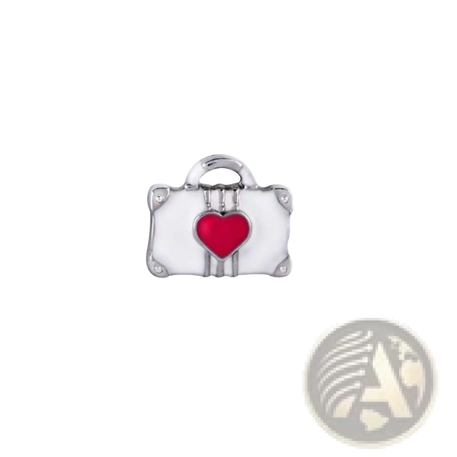 Silver enamel suitcase charm with red heart emblem part of pink enamel love potion and nail polish floating locket charms