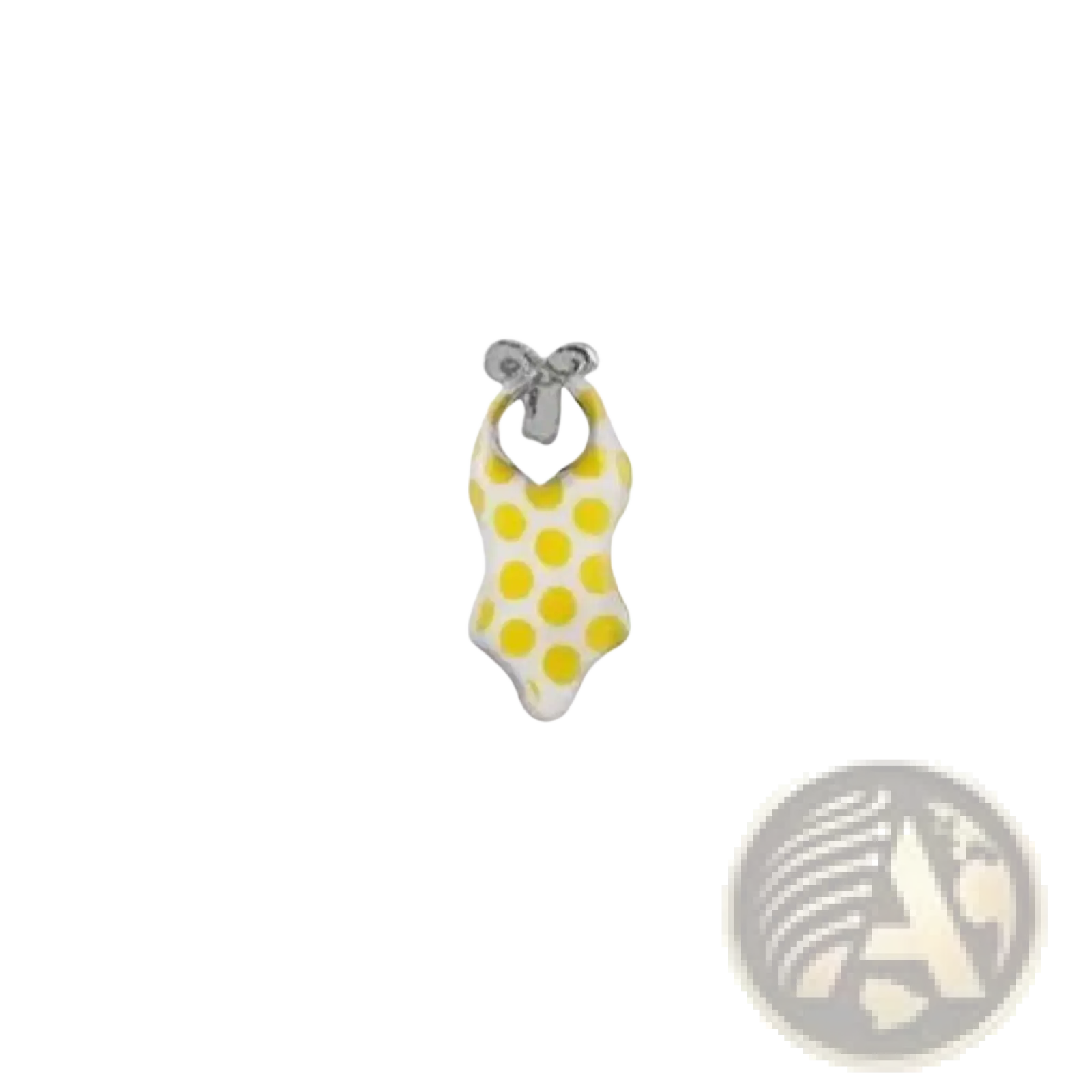 A white and yellow polka dot swimsuit-shaped charm with a silver clasp for pink enamel love potion floating lockets
