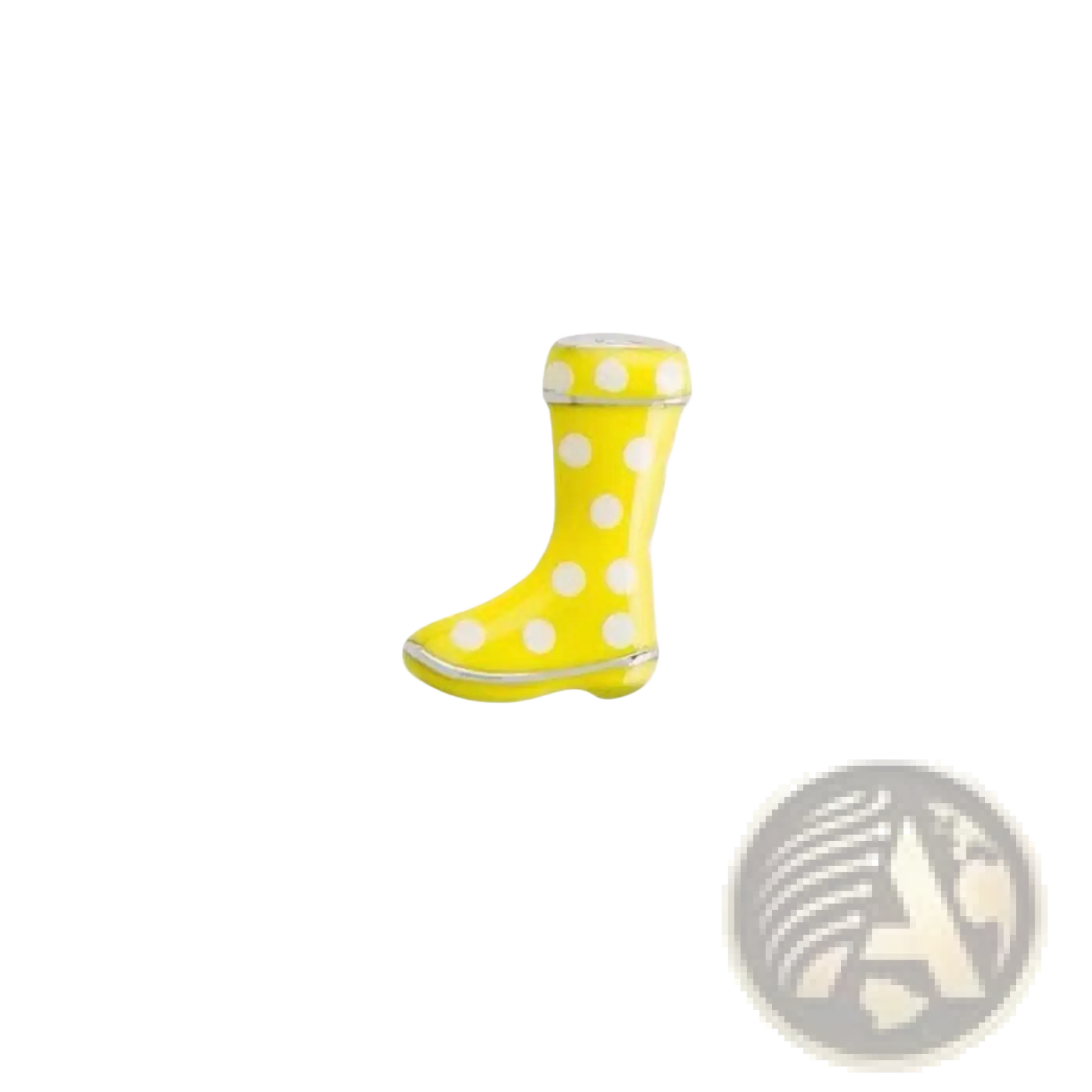 Bright yellow rain boot shaped charm with white polka dots and silver trim in pink enamel love potion and nail polish floating locket charms
