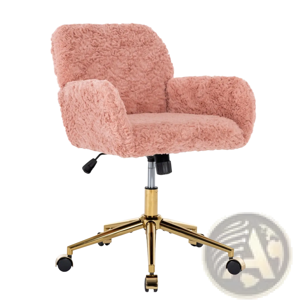 Pink faux fur office chair with gold metal base and casters featuring a fluffy pink armchair design