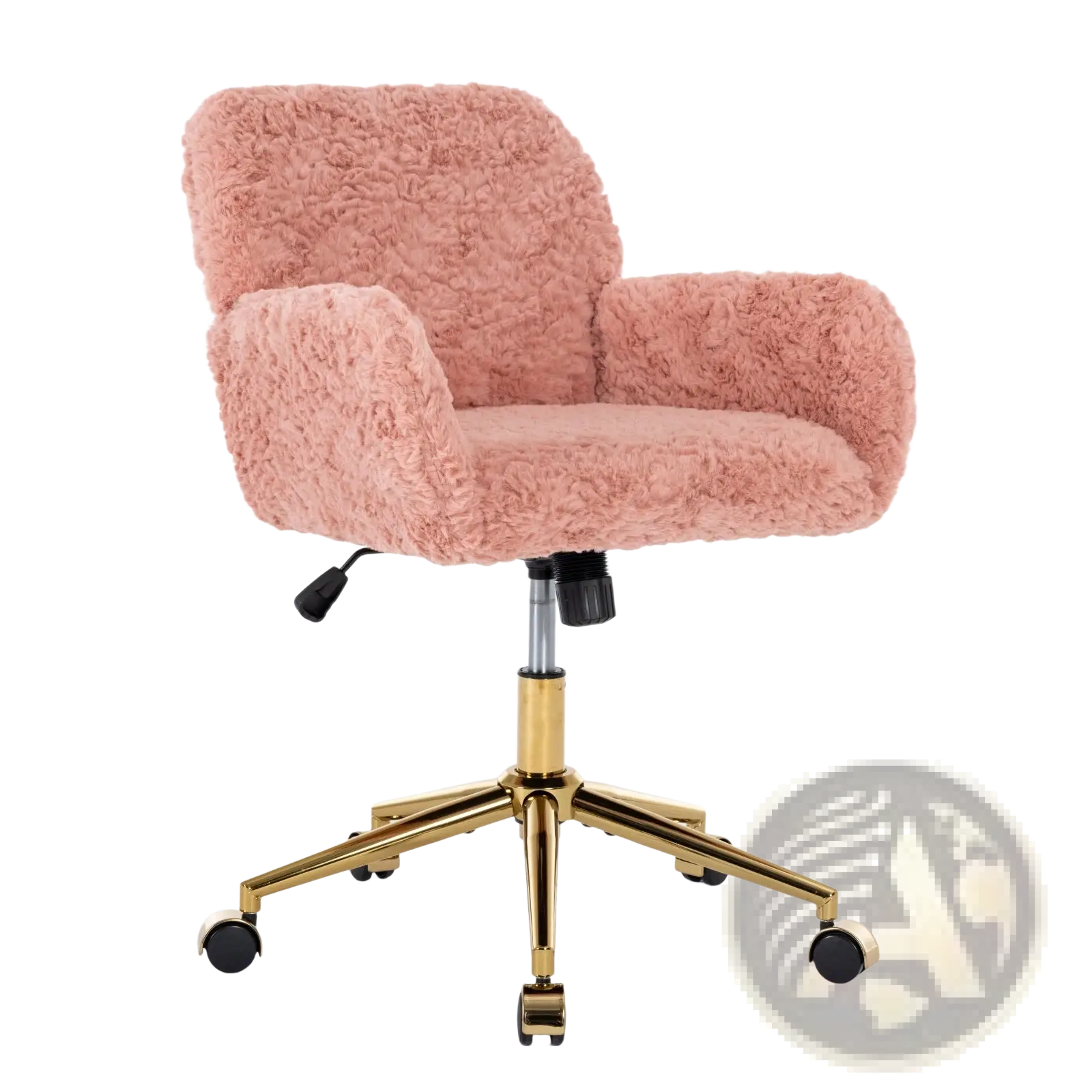 Pink faux fur office chair with gold metal base and casters featuring a fluffy pink armchair design