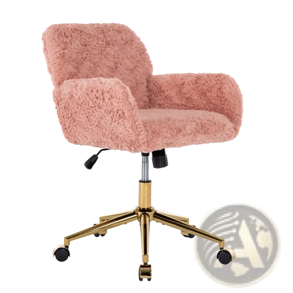 Pink faux fur office chair with fluffy upholstery and gold metal base with casters for mobility