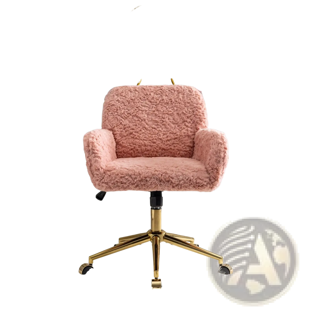 Pink faux fur office chair with fluffy upholstery gold metal base and casters for easy mobility