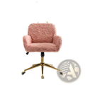 Pink faux fur office chair with fluffy upholstery gold metal base and casters for easy mobility