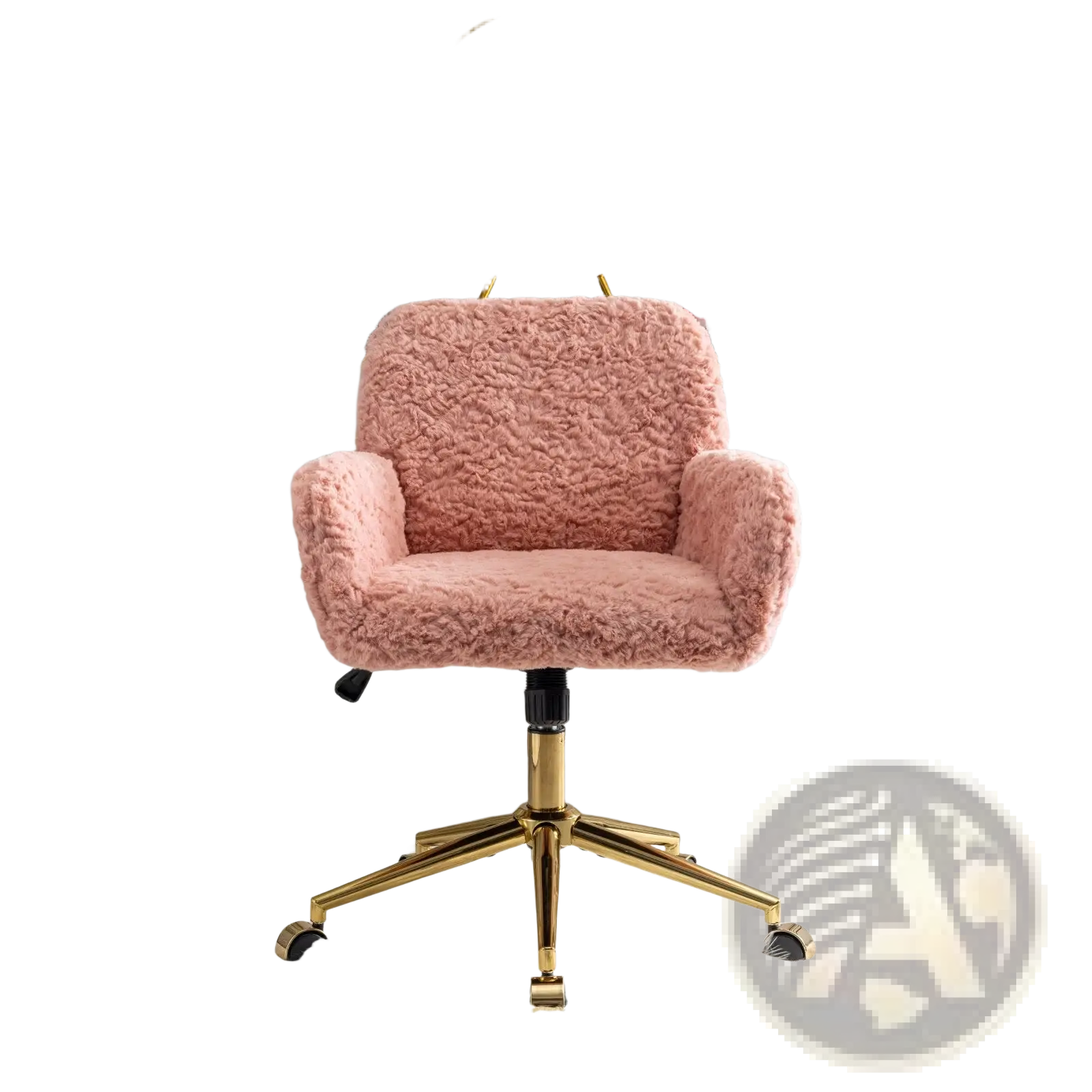 Pink faux fur office chair with fluffy upholstery gold metal base and casters for easy mobility