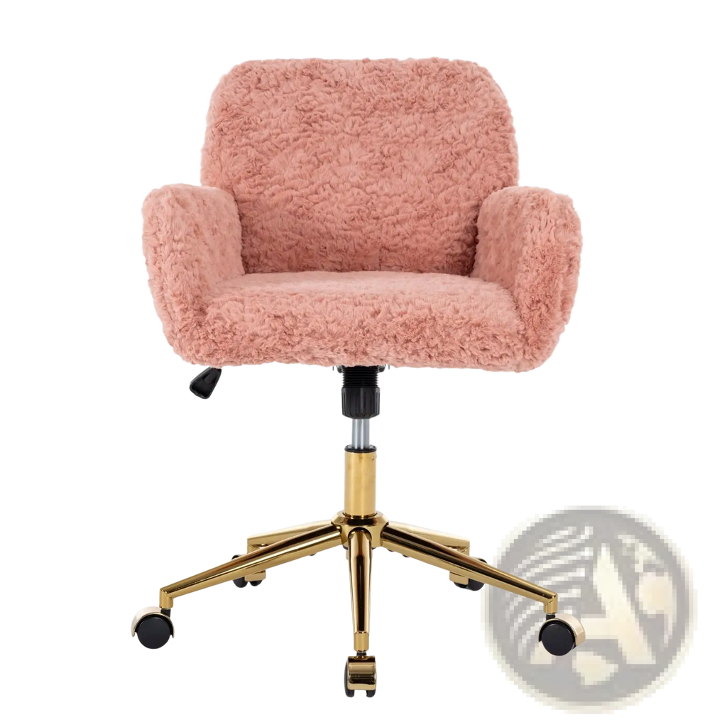 Pink faux fur office chair with fluffy upholstery and gold metal five-star base with casters for mobility