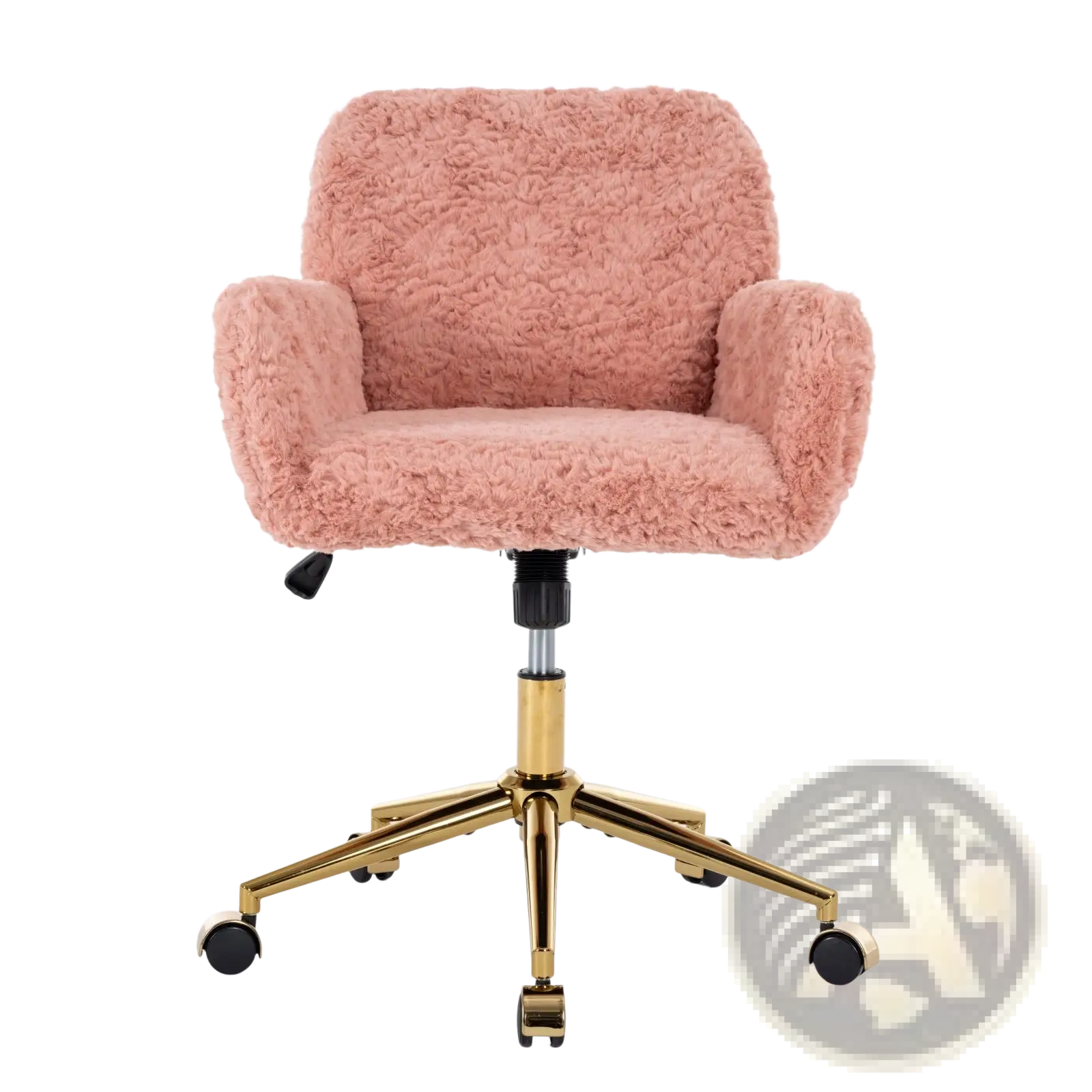 Pink faux fur office chair with fluffy upholstery and gold metal five-star base with casters for mobility